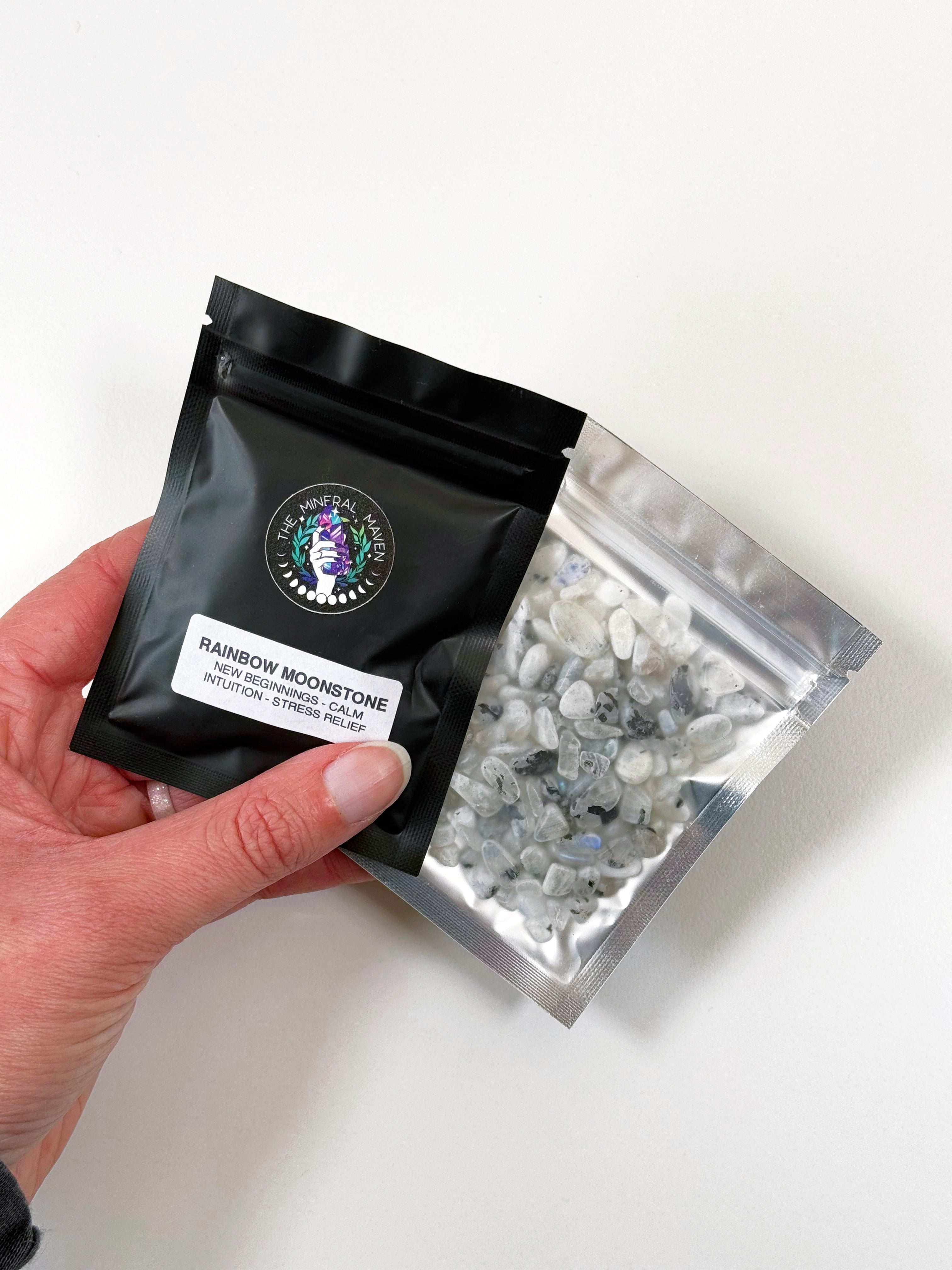 CRYSTAL CHIP BAGGIE - black onyx, black tourmaline, carnelian, chips, crystal chips, crystal grid, crystal grids, energy tool, garnet, green quartz, grid, gridding, prehnite, quartz, rainbow moonstone, white moonstone, white quartz - The Mineral Maven