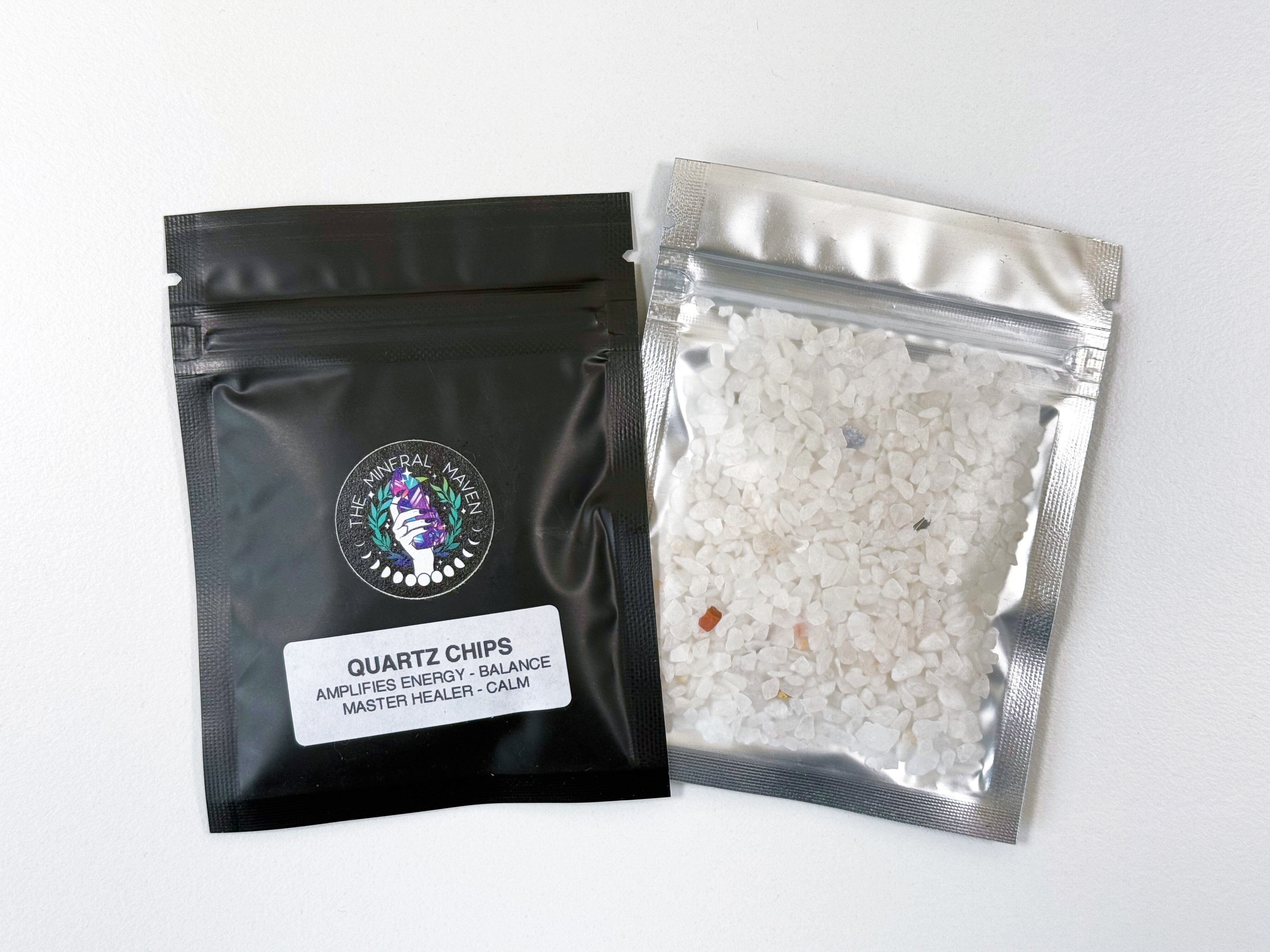 CRYSTAL CHIP BAGGIE - black onyx, black tourmaline, carnelian, chips, crystal chips, crystal grid, crystal grids, energy tool, garnet, green quartz, grid, gridding, prehnite, quartz, rainbow moonstone, white moonstone, white quartz - The Mineral Maven