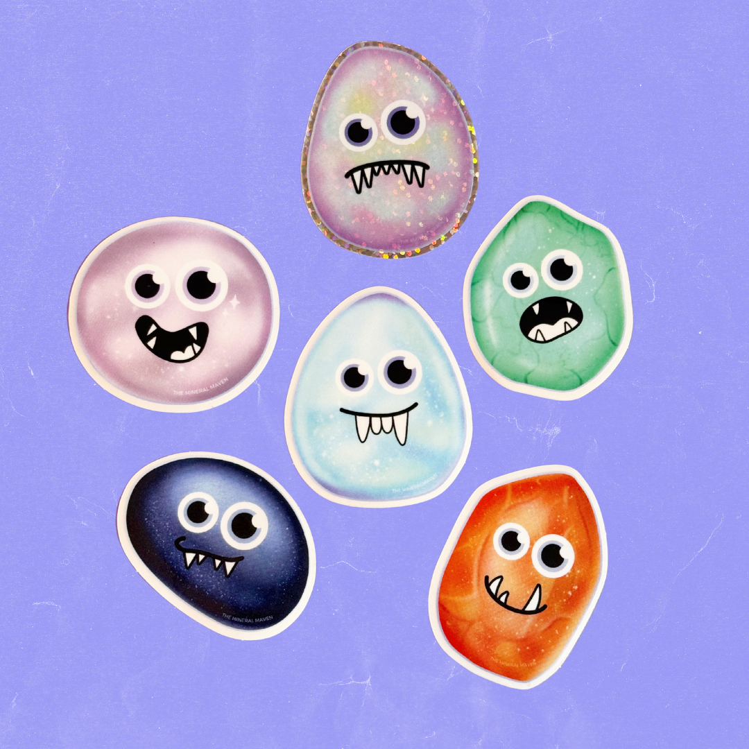 CRYSTAL MONSTER STICKERS - crystal monsters, energy tool, merch, recently added, spring things, sticker - The Mineral Maven