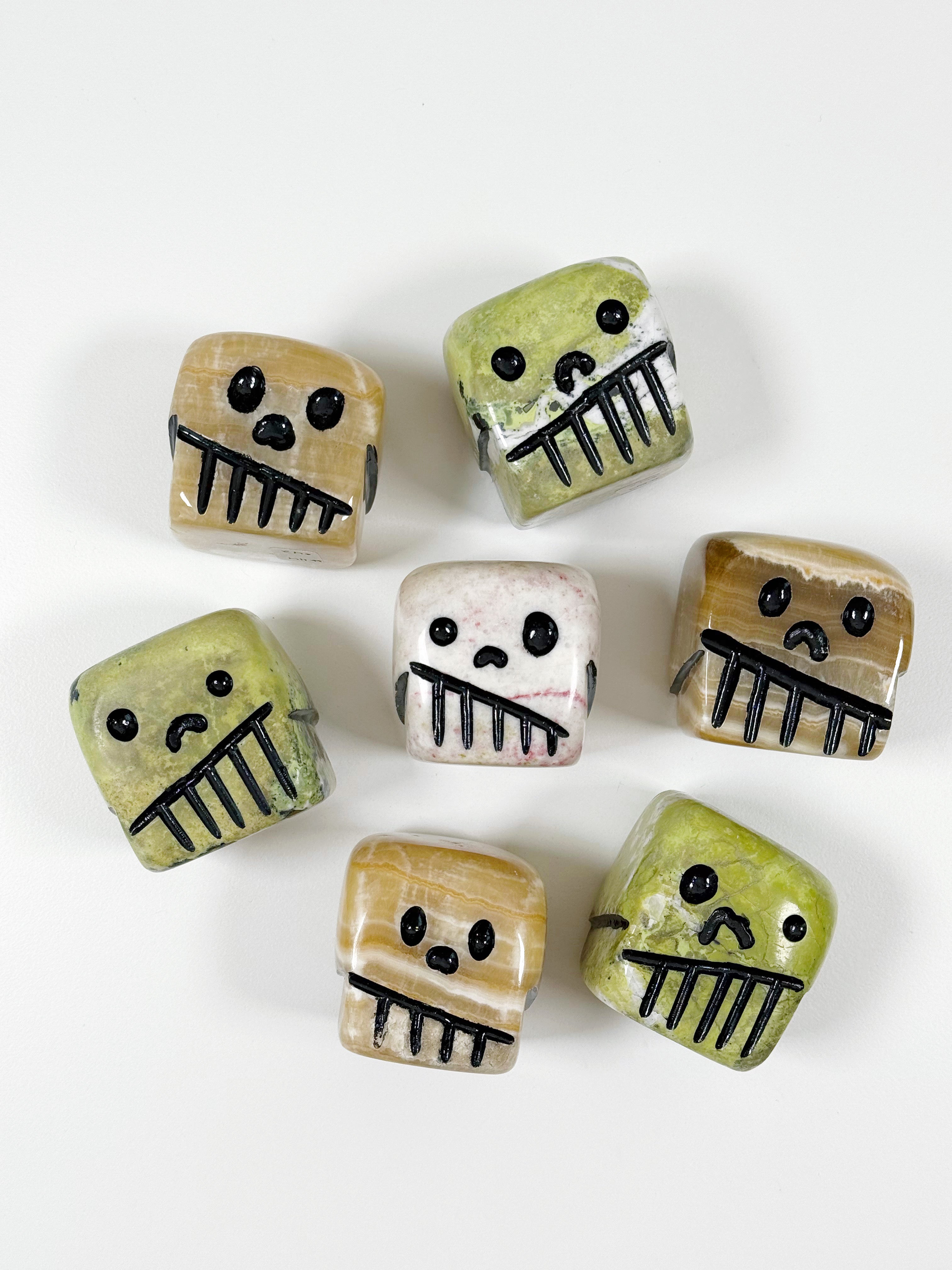 CRYSTAL SCARY CUBE - aragonite, brown aragonite, cherry blossom stone, polished stone, scary cube, serpentinite, skull, summerween collection - The Mineral Maven