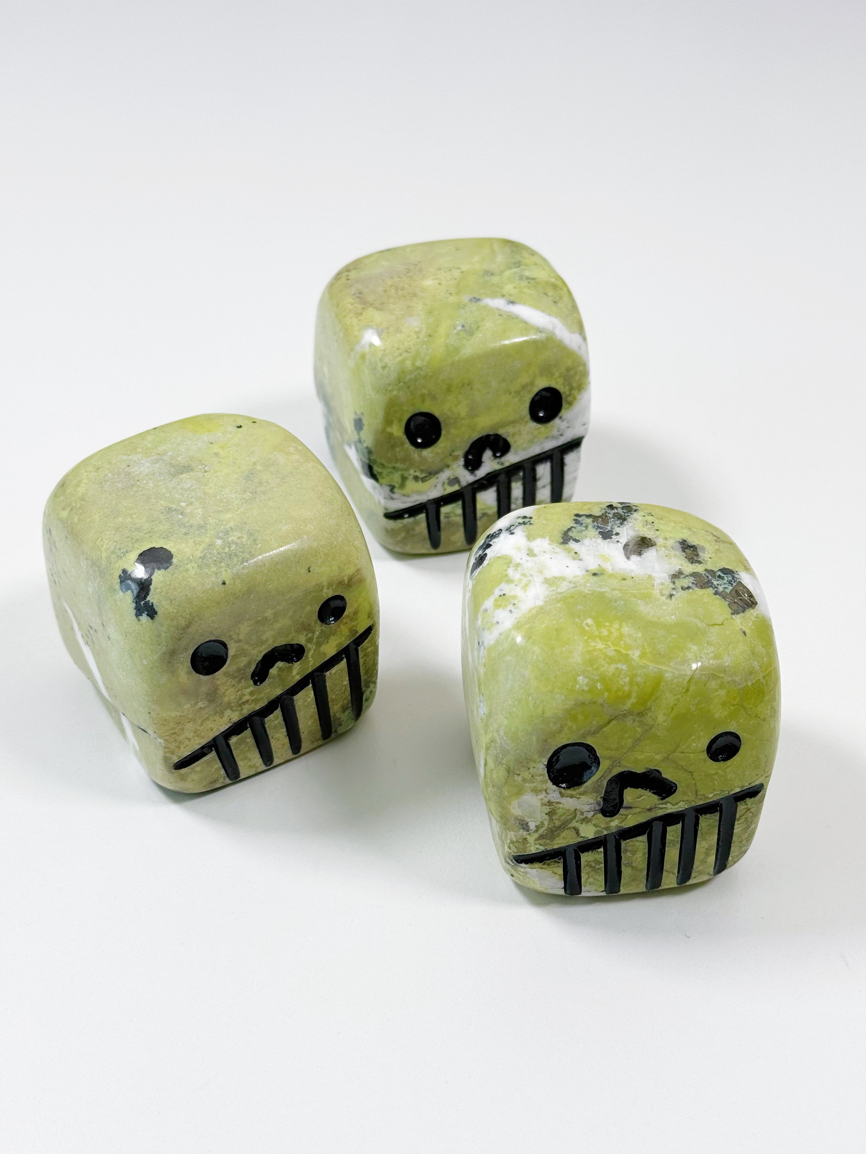 CRYSTAL SCARY CUBE - aragonite, brown aragonite, cherry blossom stone, polished stone, scary cube, serpentinite, skull, summerween collection - The Mineral Maven