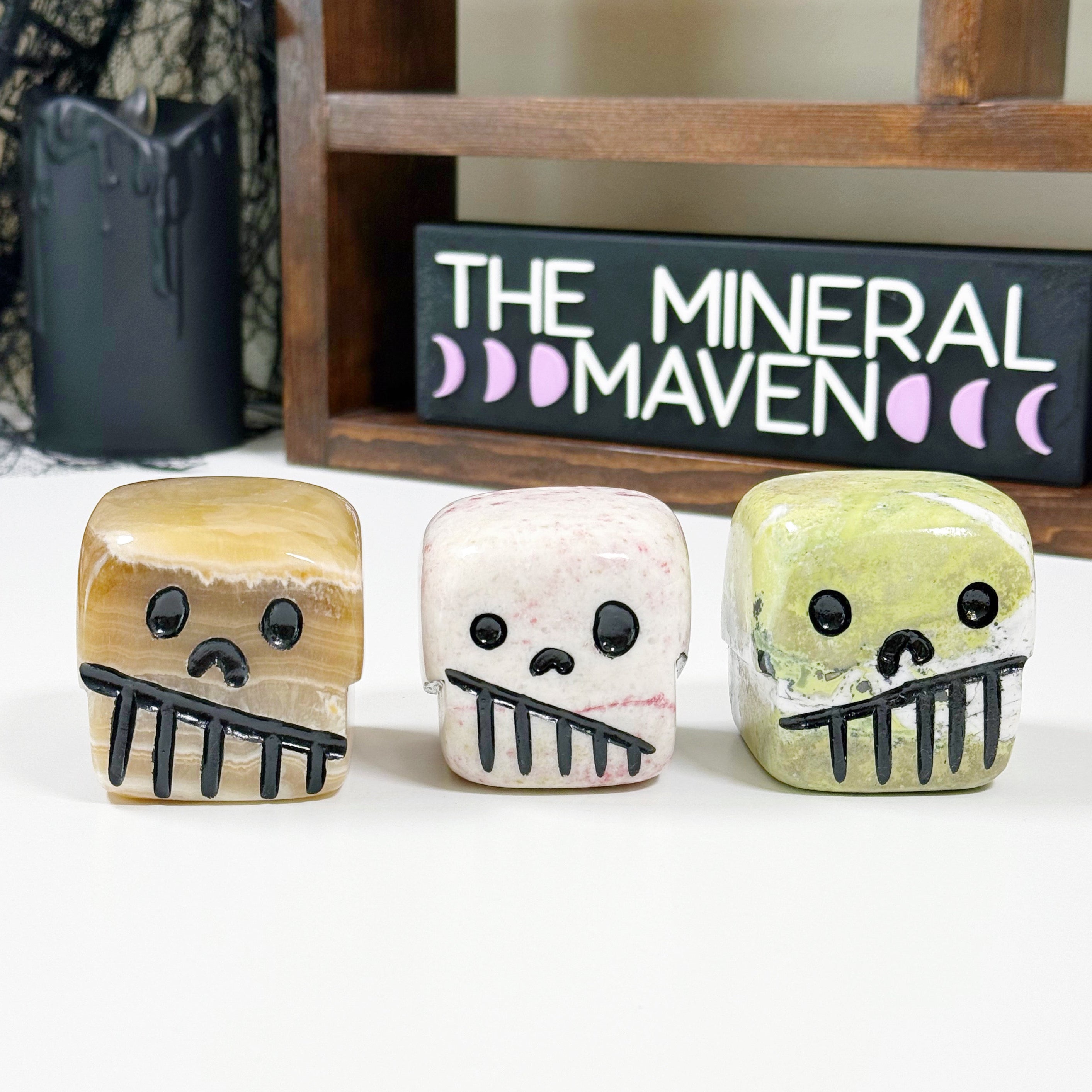 CRYSTAL SCARY CUBE - aragonite, brown aragonite, cherry blossom stone, polished stone, scary cube, serpentinite, skull, summerween collection - The Mineral Maven