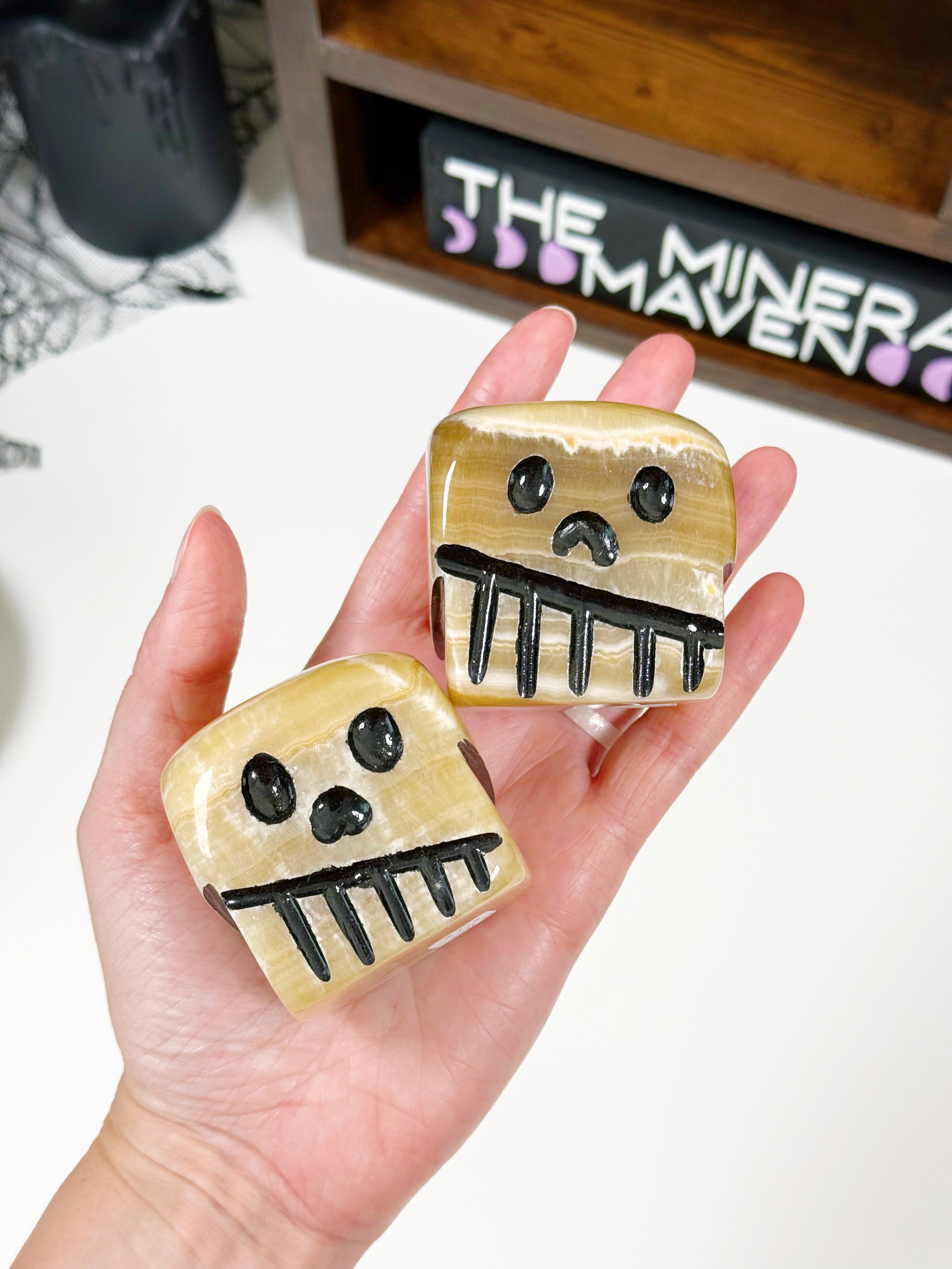 CRYSTAL SCARY CUBE - aragonite, brown aragonite, cherry blossom stone, polished stone, scary cube, serpentinite, skull, summerween collection - The Mineral Maven