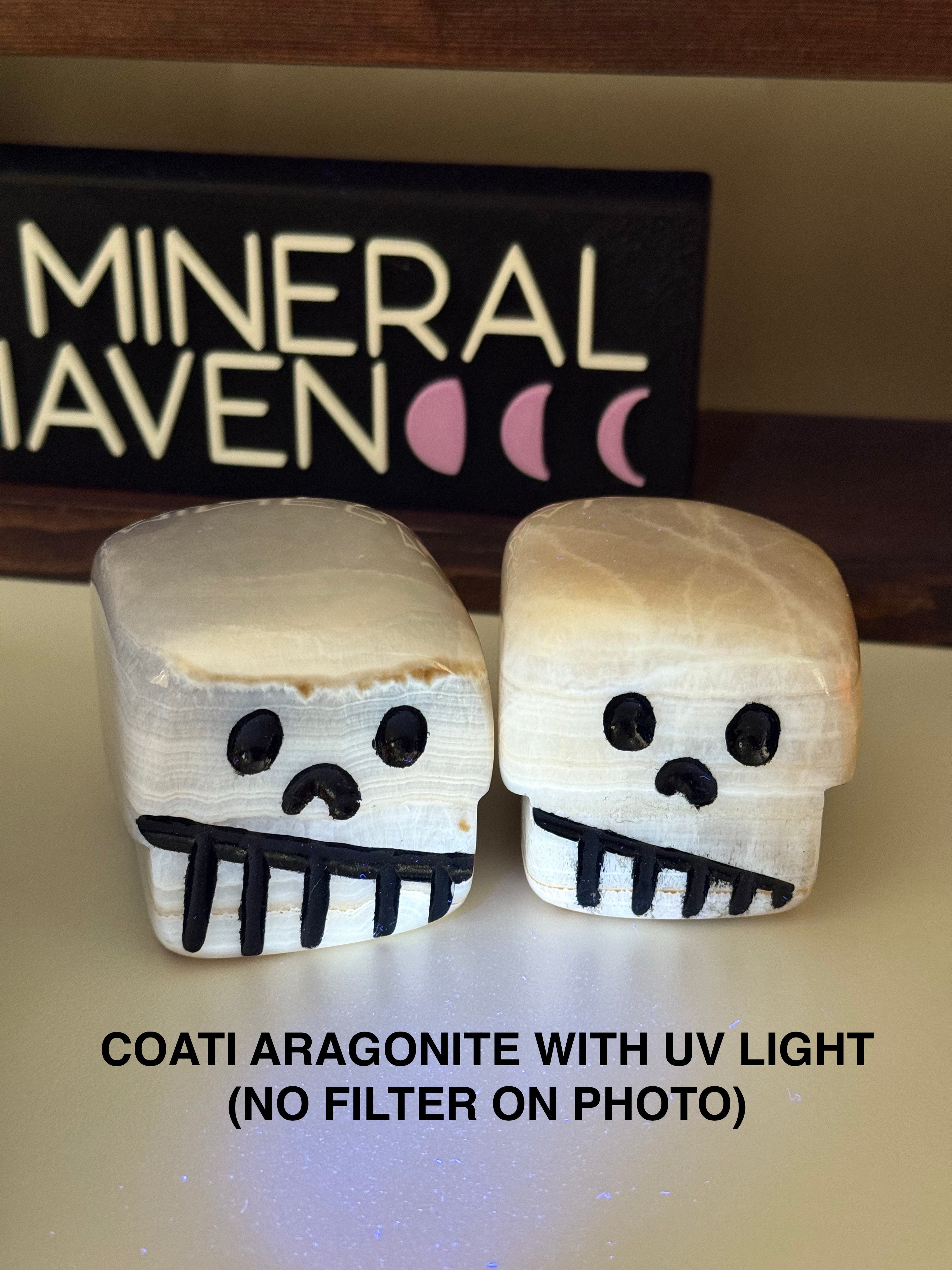 CRYSTAL SCARY CUBE - aragonite, brown aragonite, cherry blossom stone, polished stone, scary cube, serpentinite, skull, summerween collection - The Mineral Maven
