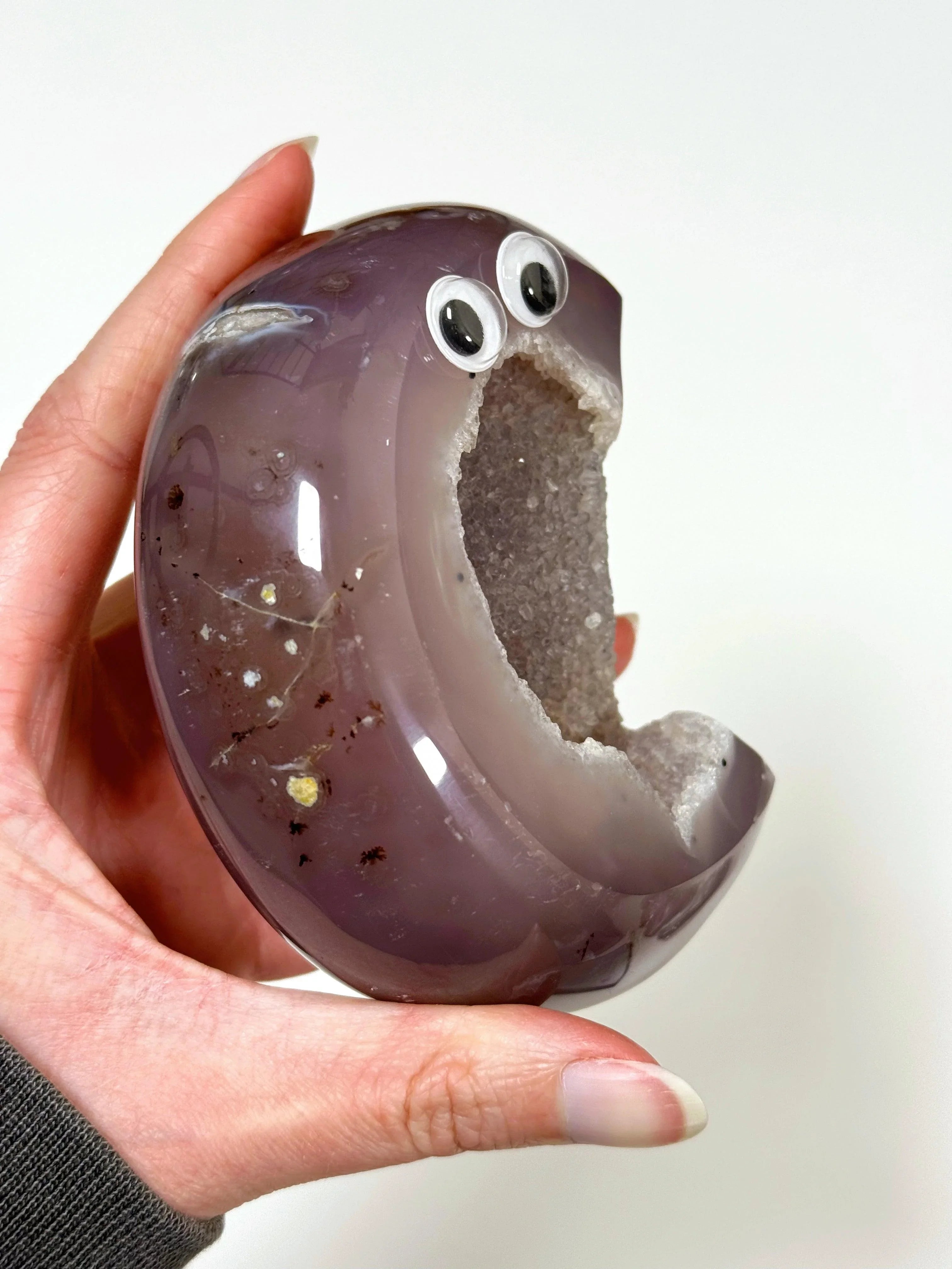 DRUZY AGATE MOON 1 - agate, Black Friday sale, crescent, crescent moon, druzy agate, googly agate, googly eye, googly eye agate, moon, one of a kind, statement piece - The Mineral Maven