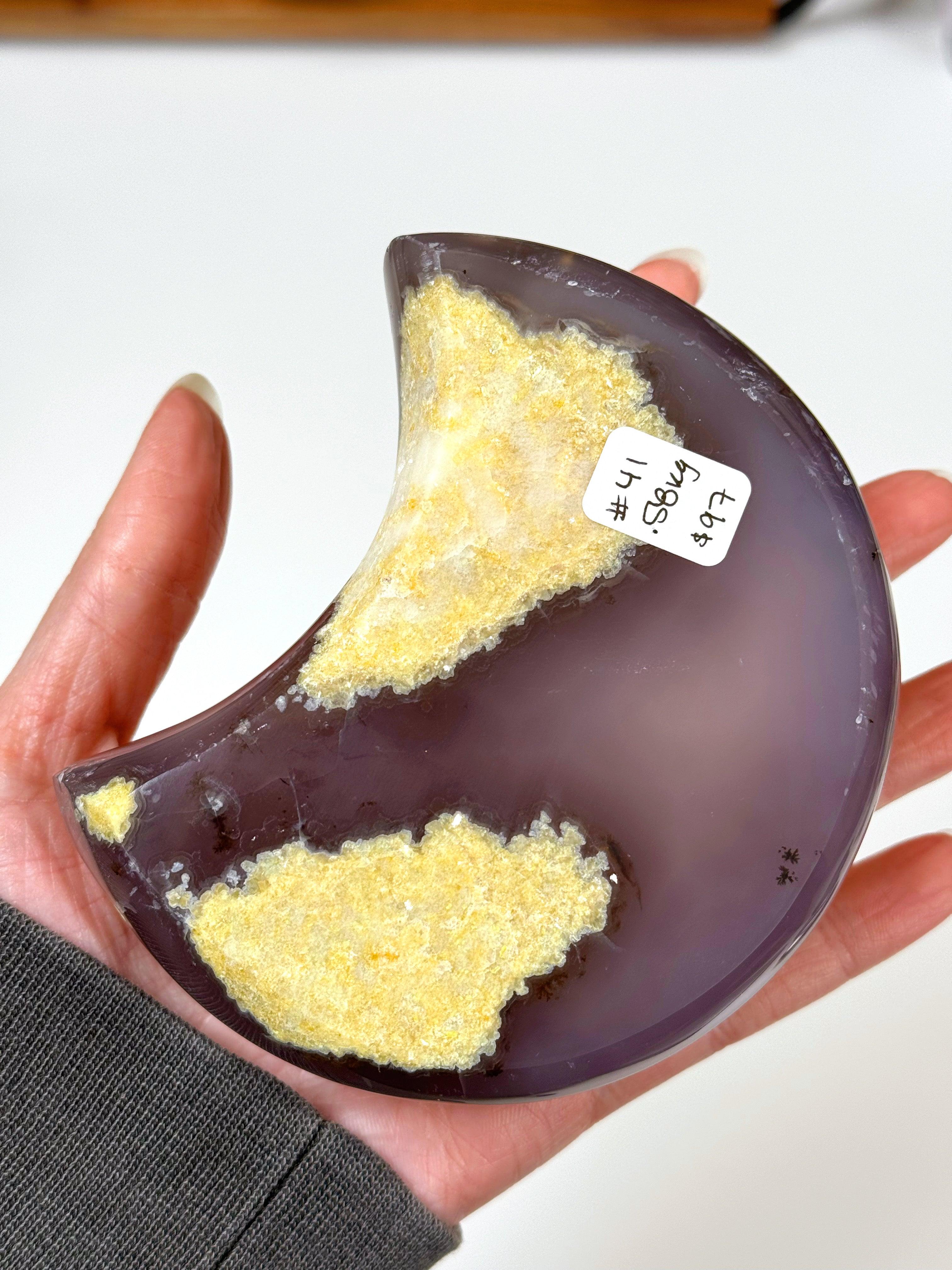 DRUZY AGATE MOON 1 - agate, crescent, crescent moon, druzy agate, googly agate, googly eye, googly eye agate, moon, one of a kind, statement piece - The Mineral Maven