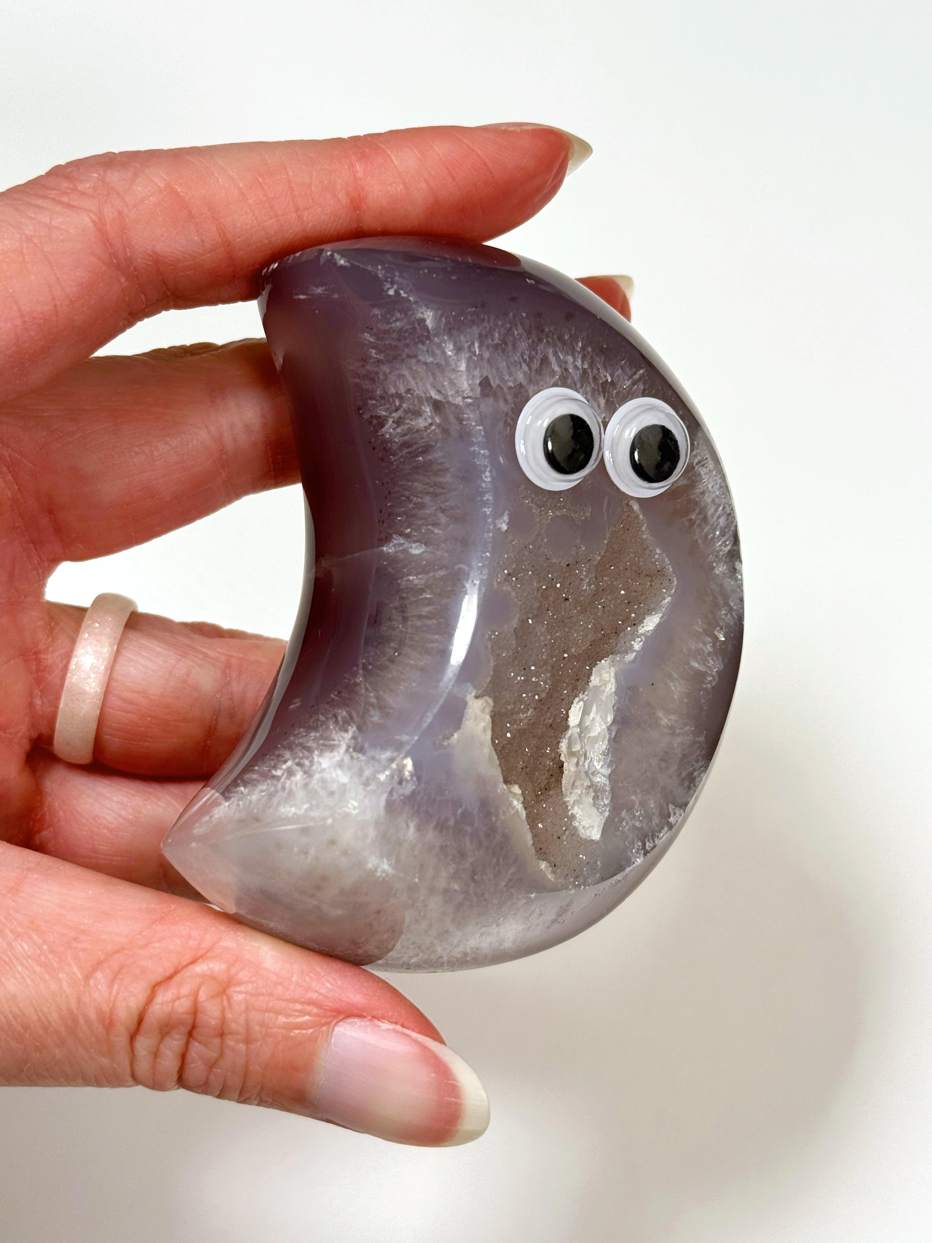 DRUZY AGATE MOON 5 - agate, Black Friday sale, crescent, crescent moon, druzy agate, googly agate, googly eye, googly eye agate, moon, one of a kind, statement piece - The Mineral Maven