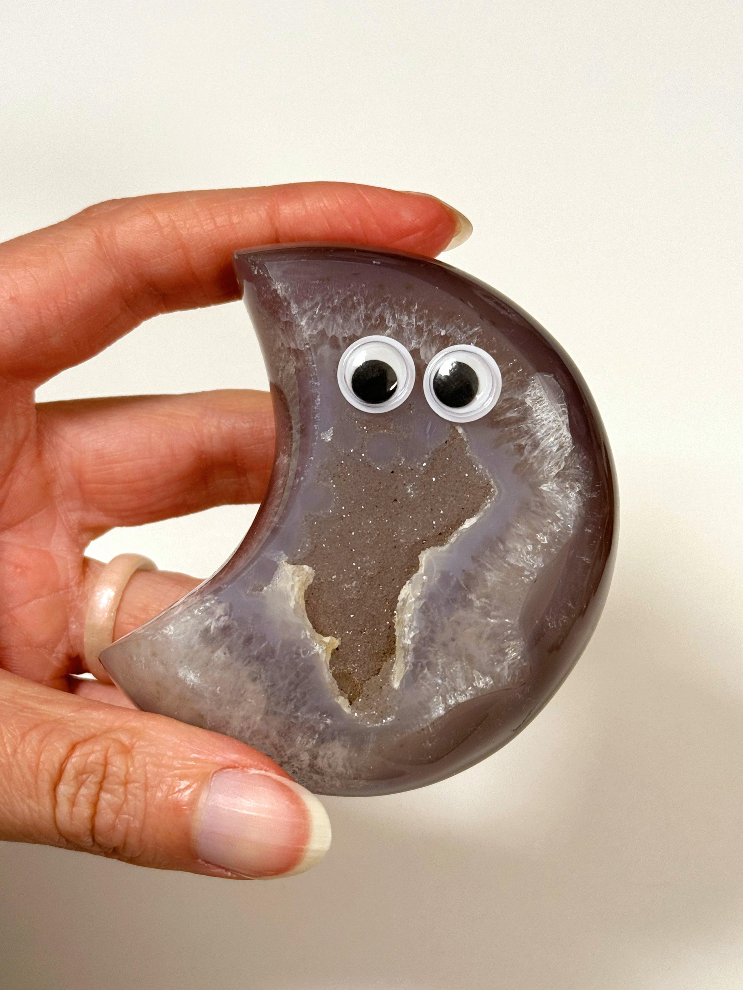 DRUZY AGATE MOON 5 - agate, crescent, crescent moon, druzy agate, googly agate, googly eye, googly eye agate, moon, one of a kind, statement piece - The Mineral Maven