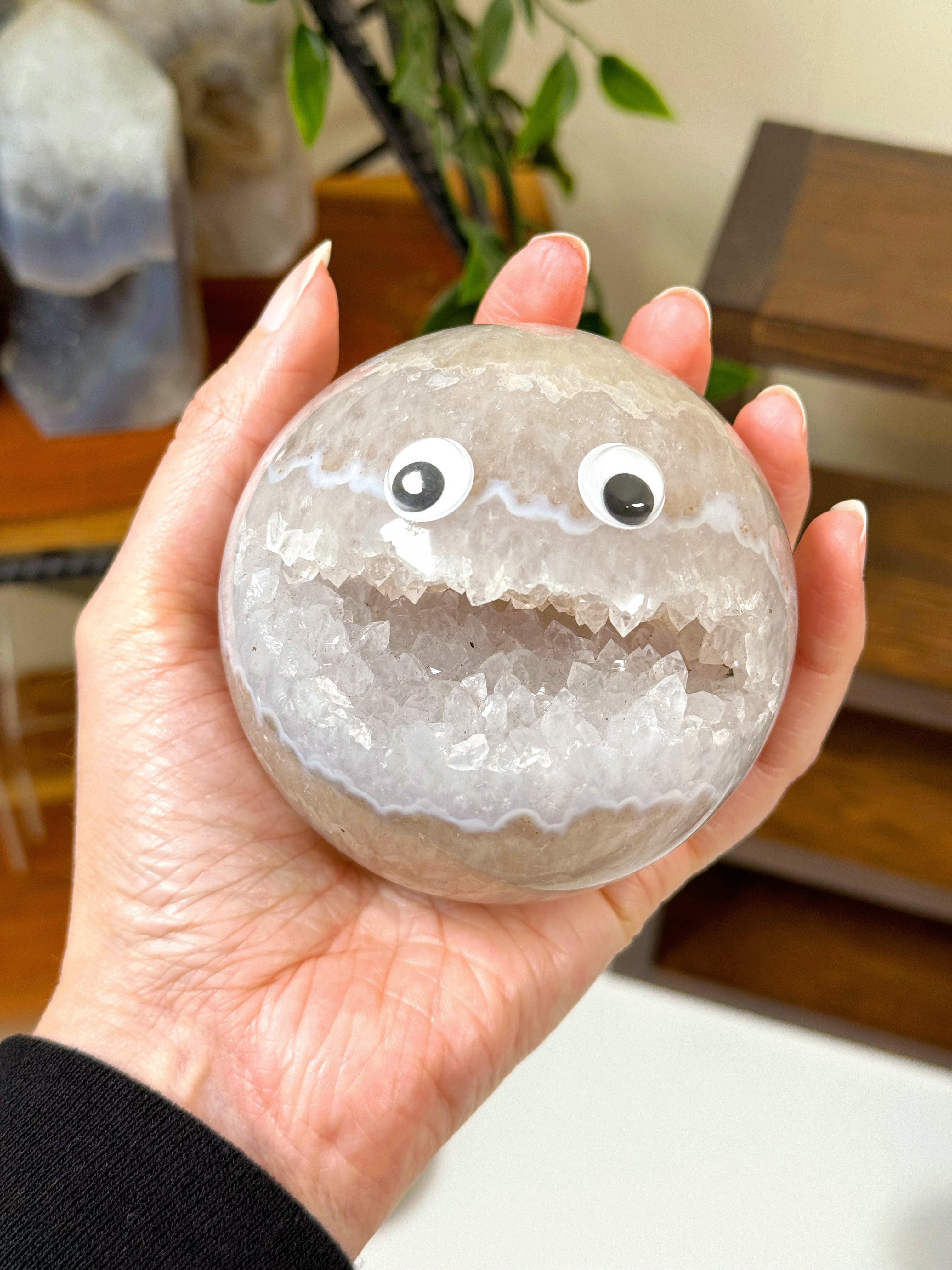 DRUZY AGATE SPHERE 1 - agate, druzy agate, googly agate, googly eye, googly eye agate, one of a kind, sphere, statement piece - The Mineral Maven