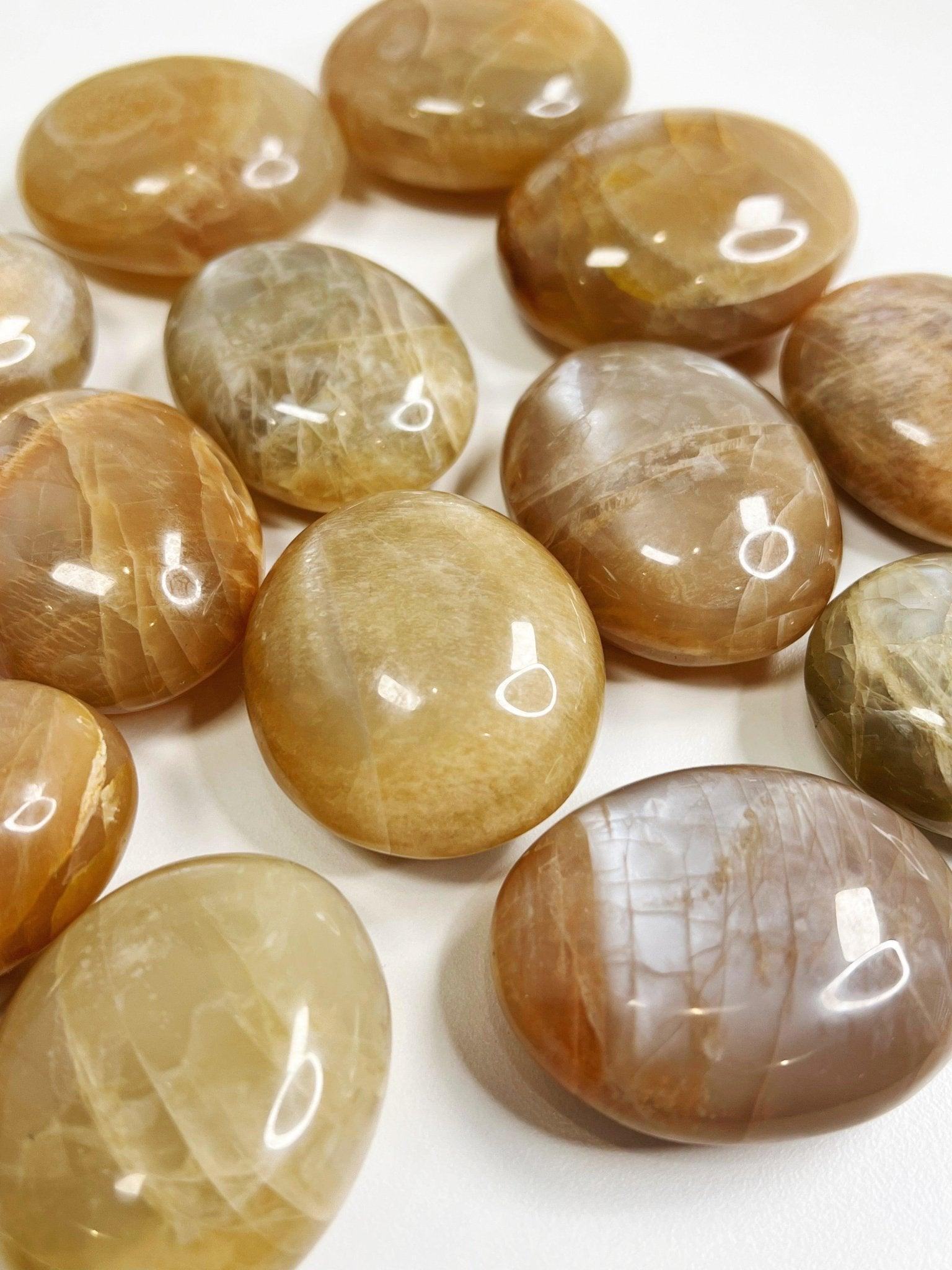 FLASHY PEACH MOONSTONE PEBBLE - 33 bday, 444 sale, Black Friday sale, emotional support, end of year sale, fertility, holiday sale, moonstone, new year sale, palm stone, peach moonstone, pebble, pocket crystal, pocket stone, solar eclipse, spring equinox, spring things, tucson update - The Mineral Maven