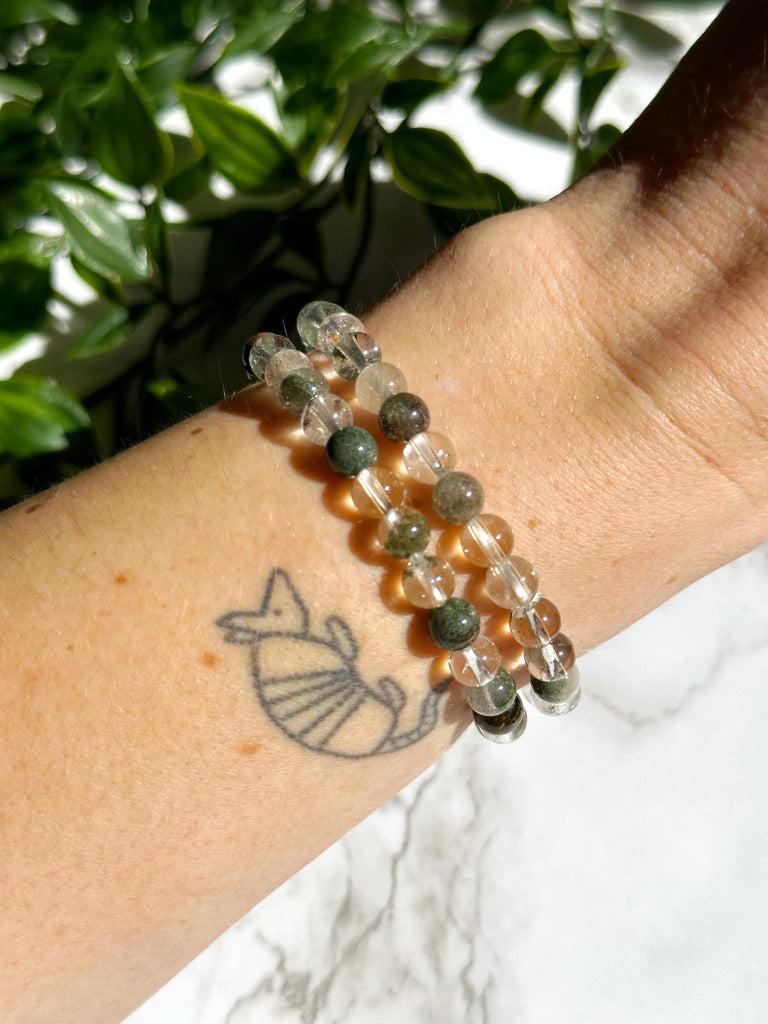 GARDEN QUARTZ 6mm - HANDMADE CRYSTAL BRACELET - 10 Dec Inventory, 6mm, bracelet, bracelet inventory check, clear/white, crystal bracelet, garden quartz, green, handmade bracelet, jewelry, June 2025 inventory check, lodolite, market bracelet, mixed colors, phantom quartz, red, springtime, vernal vibes, Wearable - The Mineral Maven
