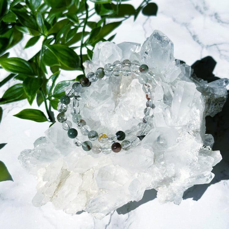 GARDEN QUARTZ 6mm - HANDMADE CRYSTAL BRACELET - 6mm, bracelet, clear/white, crystal bracelet, garden quartz, green, handmade bracelet, jewelry, lodolite, market bracelet, mixed colors, phantom quartz, recently added, red, springtime, vernal vibes, Wearable - The Mineral Maven
