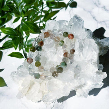 GARDEN QUARTZ 8mm - HANDMADE CRYSTAL BRACELET - 6mm, bracelet, clear/white, crystal bracelet, garden quartz, green, handmade bracelet, jewelry, lodolite, market bracelet, phantom quartz, recently added, red, single bracelets, springtime, vernal vibes, Wearable - The Mineral Maven
