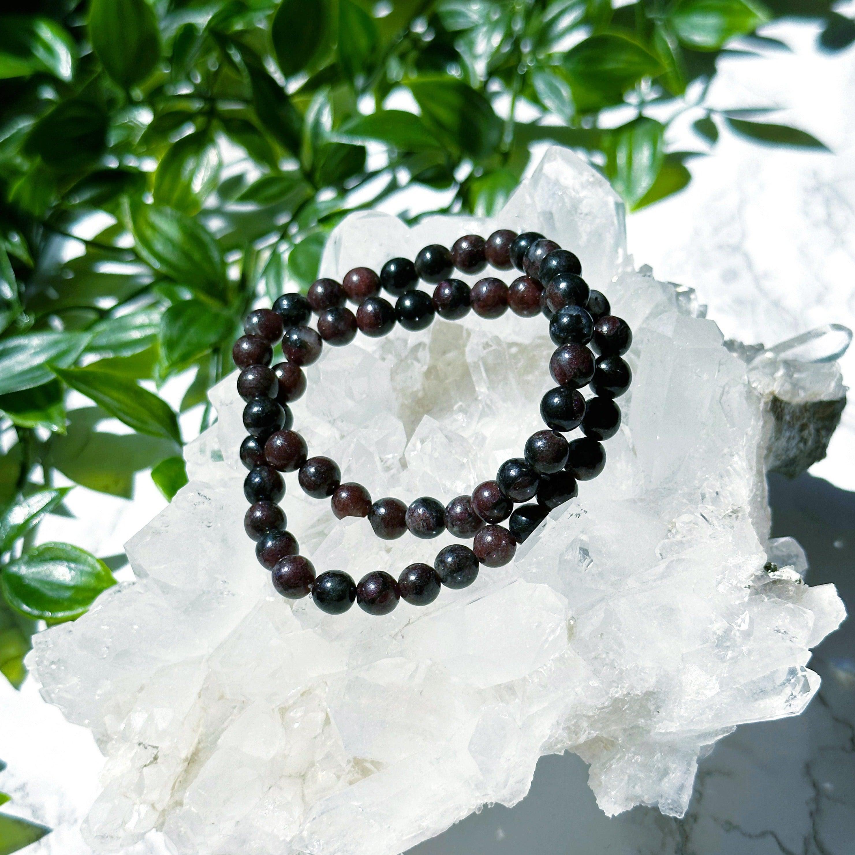 GARNET IN ARFVEDSONITE 6mm - HANDMADE CRYSTAL BRACELET - 6mm, april astro, aquarius, aquarius stack, arfvedsonite, black, bracelet, capricorn, capricorn stack, crystal bracelet, earth, fire, garnet, handmade bracelet, jewelry, leo, leo stack, recently added, red, sagittarius, sagittarius stack, summer solstice, virgo, virgo stack, Wearable - The Mineral Maven