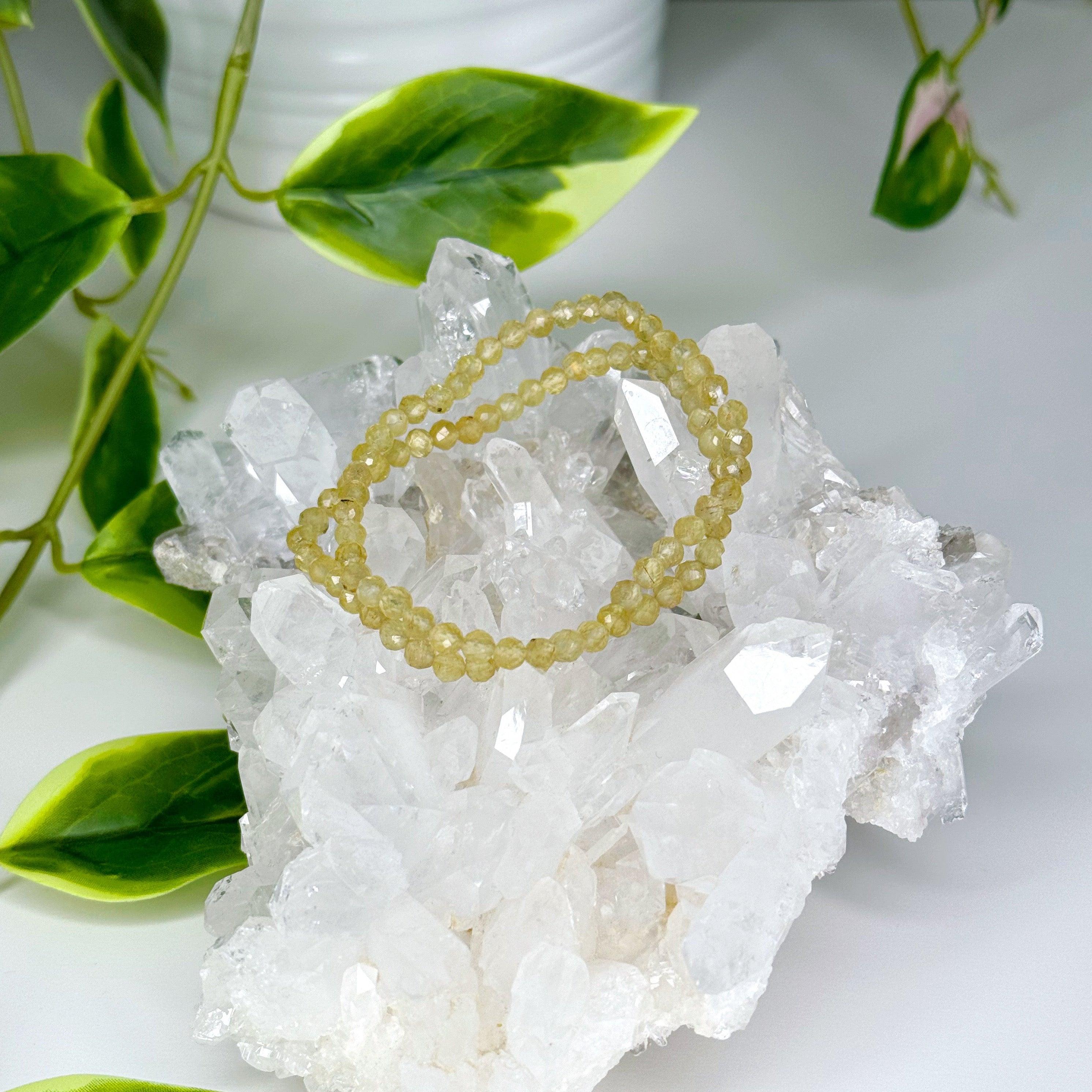 GOLDEN APATITE (FACETED) 4mm - HANDMADE CRYSTAL BRACELET - air, apatite, bracelet, crystal bracelet, golden apatite, handmade bracelet, jewelry, recently added, spring collection, springtime, water, Wearable, yellow - The Mineral Maven