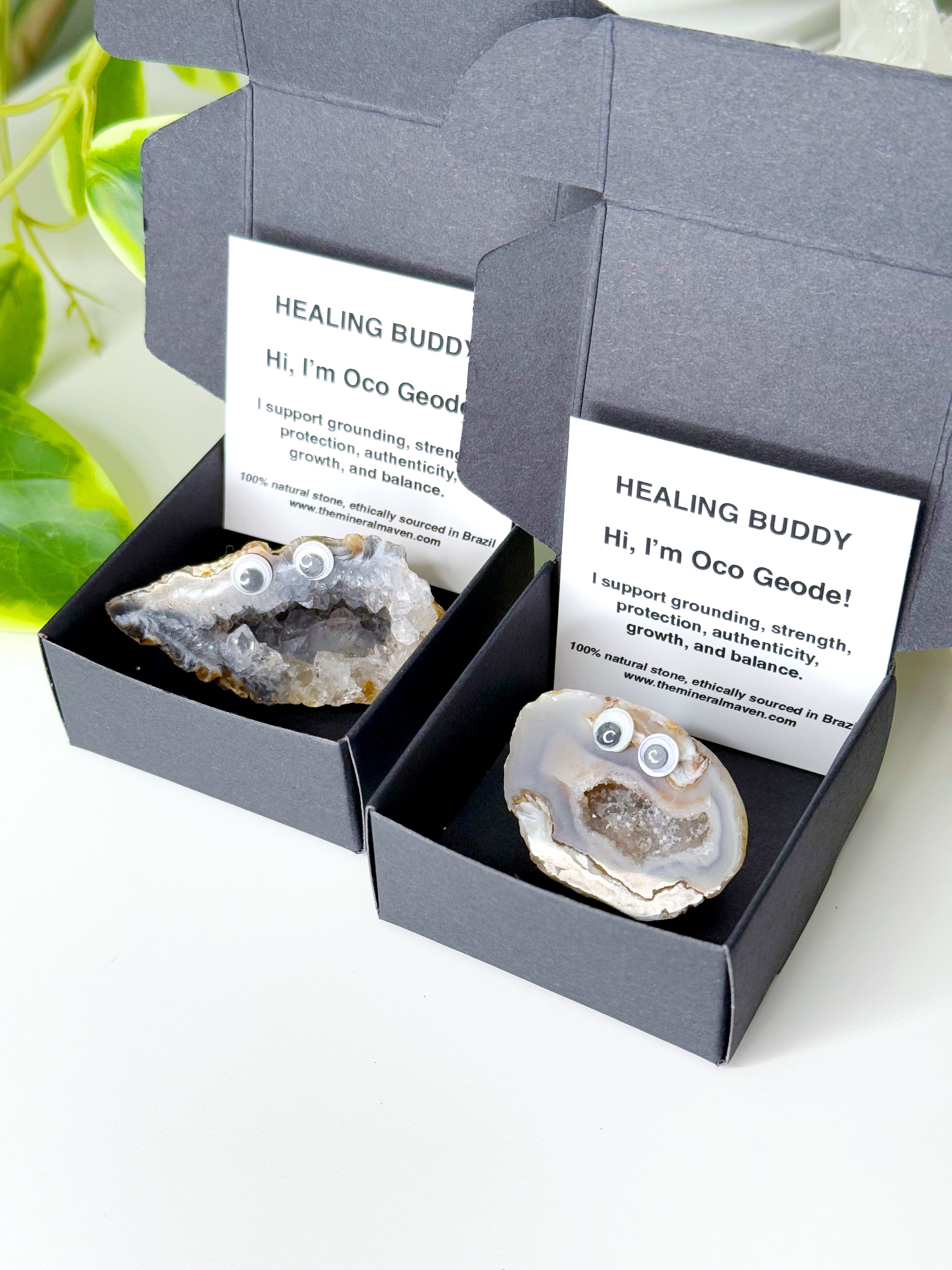 HEALING BUDDY - agate, crystal buddy, druzy agate, geode, googly agate, googly eye, googly eye agate, healing buddy, holiday vibes, oco geode, pocket crystal, pocket crystals, pocket stone - The Mineral Maven