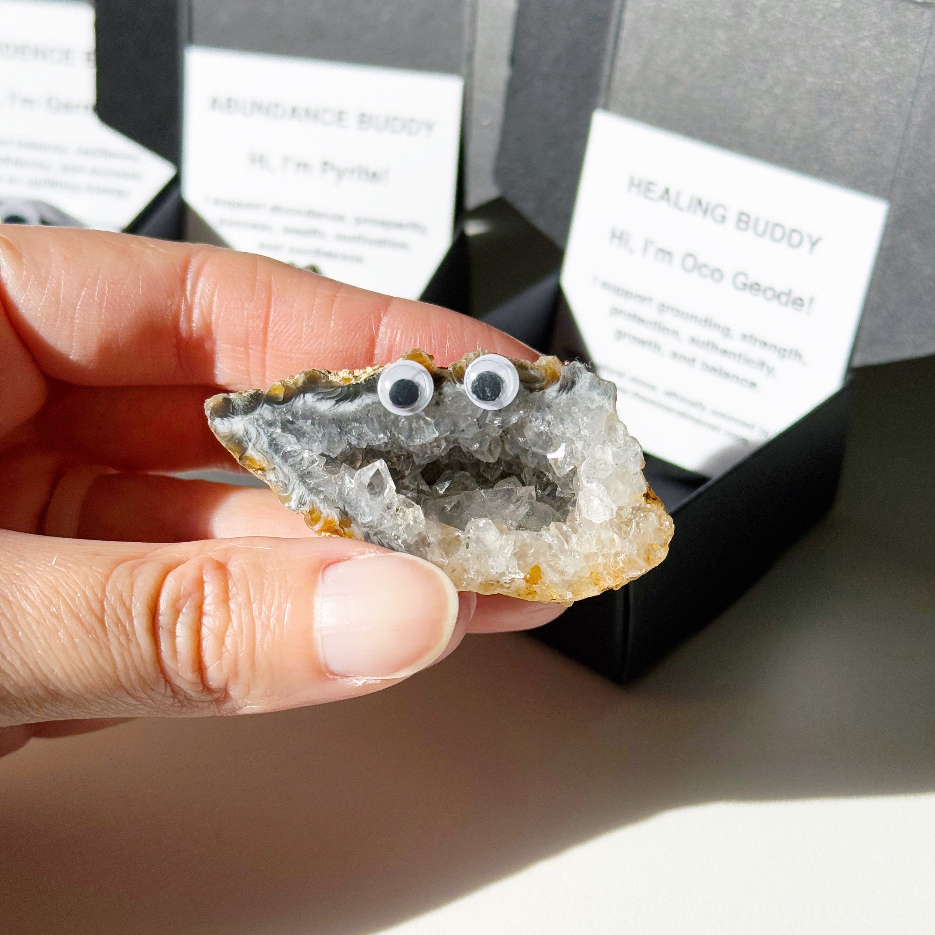 HEALING BUDDY - agate, crystal buddy, druzy agate, geode, googly agate, googly eye, googly eye agate, healing buddy, holiday vibes, oco geode, pocket crystal, pocket crystals, pocket stone - The Mineral Maven
