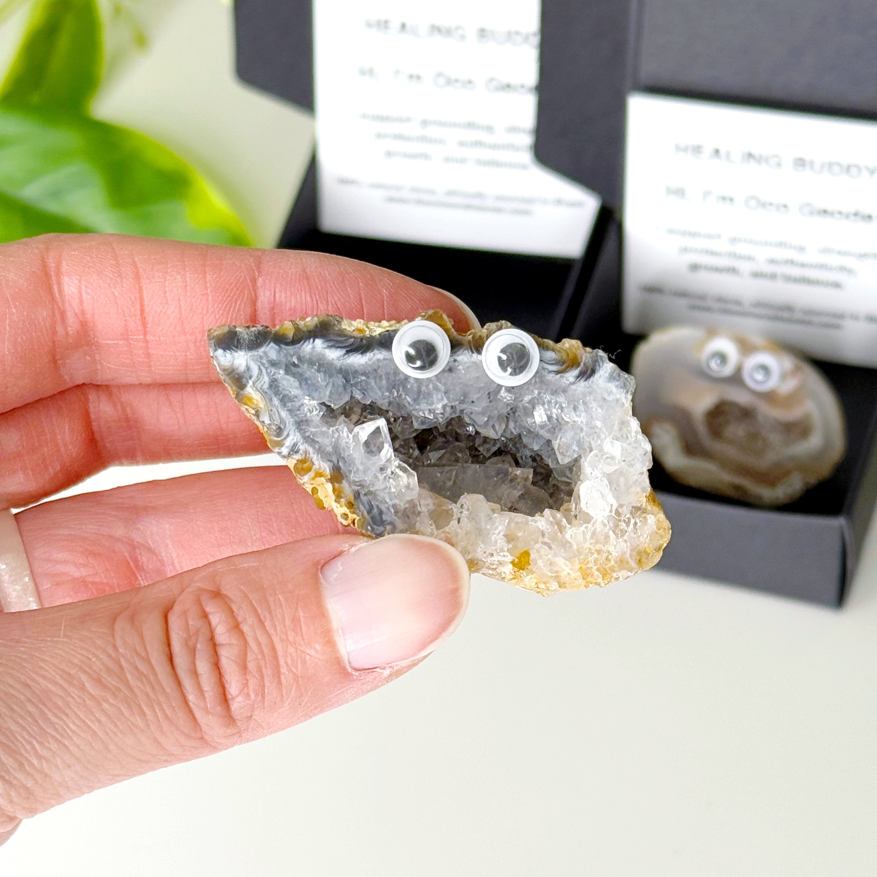HEALING BUDDY - agate, crystal buddy, druzy agate, geode, googly agate, googly eye, googly eye agate, healing buddy, holiday vibes, oco geode, pocket crystal, pocket crystals, pocket stone - The Mineral Maven