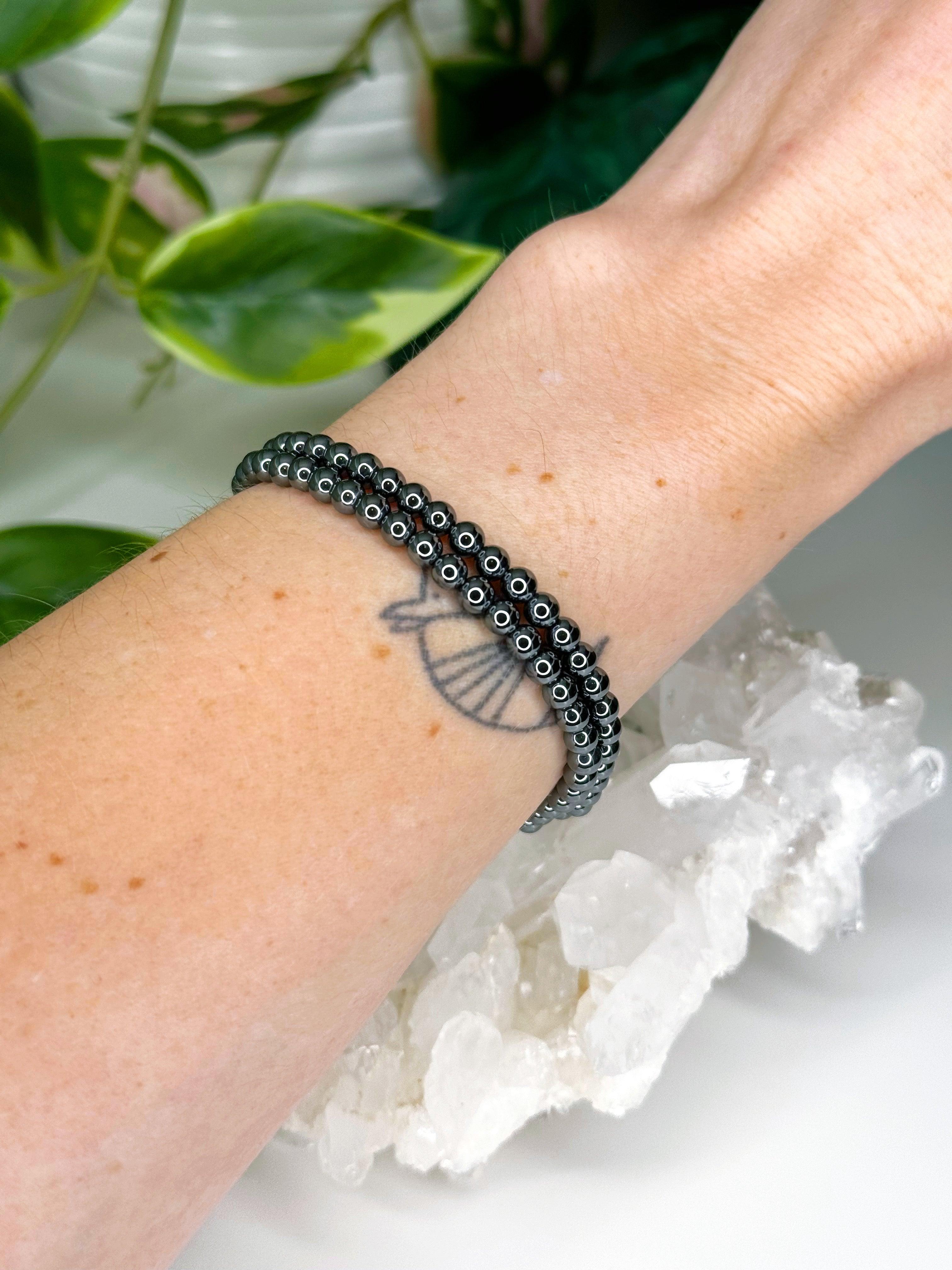 HEMATITE 4mm - HANDMADE CRYSTAL BRACELET - 4mm, Aquarius, aries, bracelet, crystal bracelet, earth, focus gift bundle, grey, handmade bracelet, hematite, jewelry, market bracelet, metallic, recently added, Scorpio Season, solstice collection, Wearable, winter solstice collection - The Mineral Maven