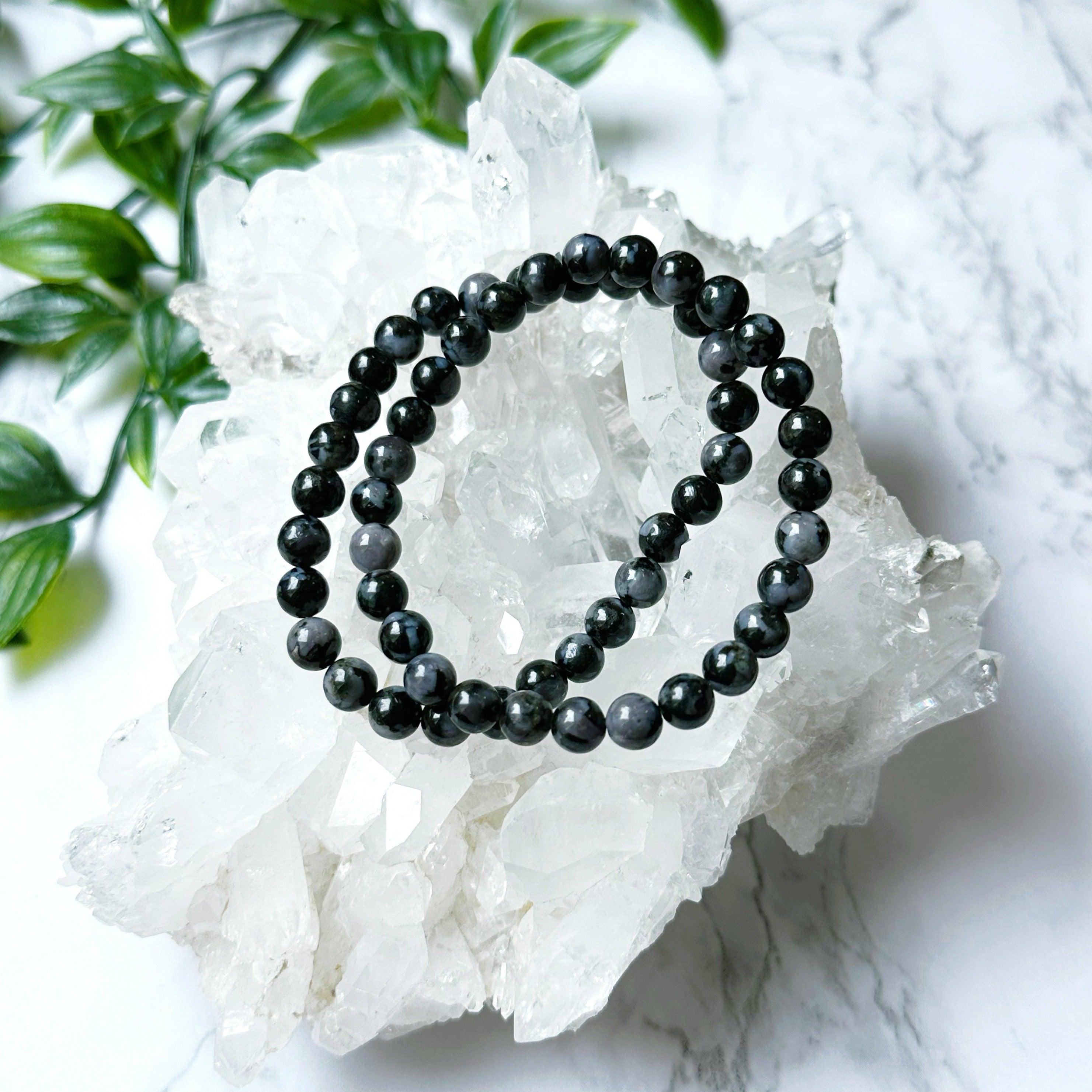 INDIGO GABBRO 6mm - HANDMADE CRYSTAL BRACELET - 10 Dec Inventory, 6mm, black, bracelet, bracelet inventory check, calm gift bundle, crystal bracelet, earth, fire, gabbro, gemini, gemini stack, grey, handmade bracelet, indigo gabbro, jewelry, June 2025 inventory check, june wrist candy, libra, libra stack, market bracelet, mystic merlinite, pisces, pisces stack, scorpio, scorpio stack, summer wrist candy, Wearable - The Mineral Maven