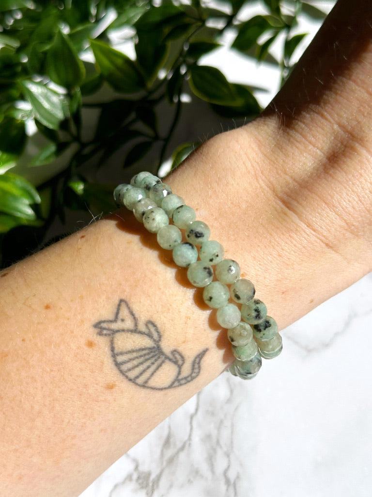 KIWI JASPER (FACETED) 6mm - HANDMADE CRYSTAL BRACELET - 6mm, bracelet, crystal bracelet, faceted, green, handmade bracelet, jewelry, kiwi jasper, market bracelet, recently added, springtime, vernal vibes, Wearable - The Mineral Maven