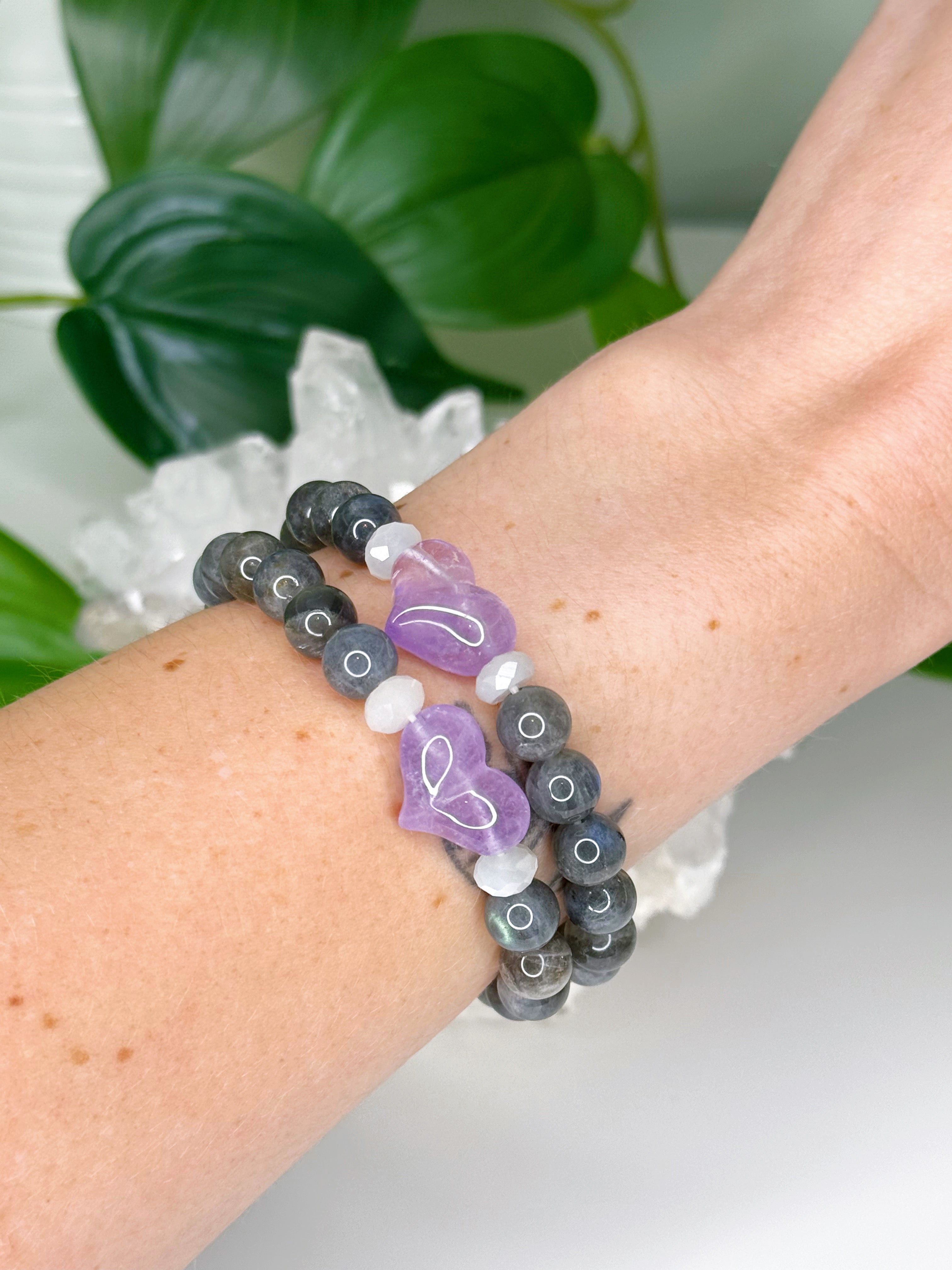 LABRADORITE + LILAC AMETHYST HEART 8mm - HANDMADE CRYSTAL BRACELET - 6th anniversary, 8mm, air, aquarius, Aries, bracelet, crystal bracelet, handmade bracelet, jewelry, pisces, purple, sagittarius, scorpio, storm, virgo, water, Wearable - The Mineral Maven