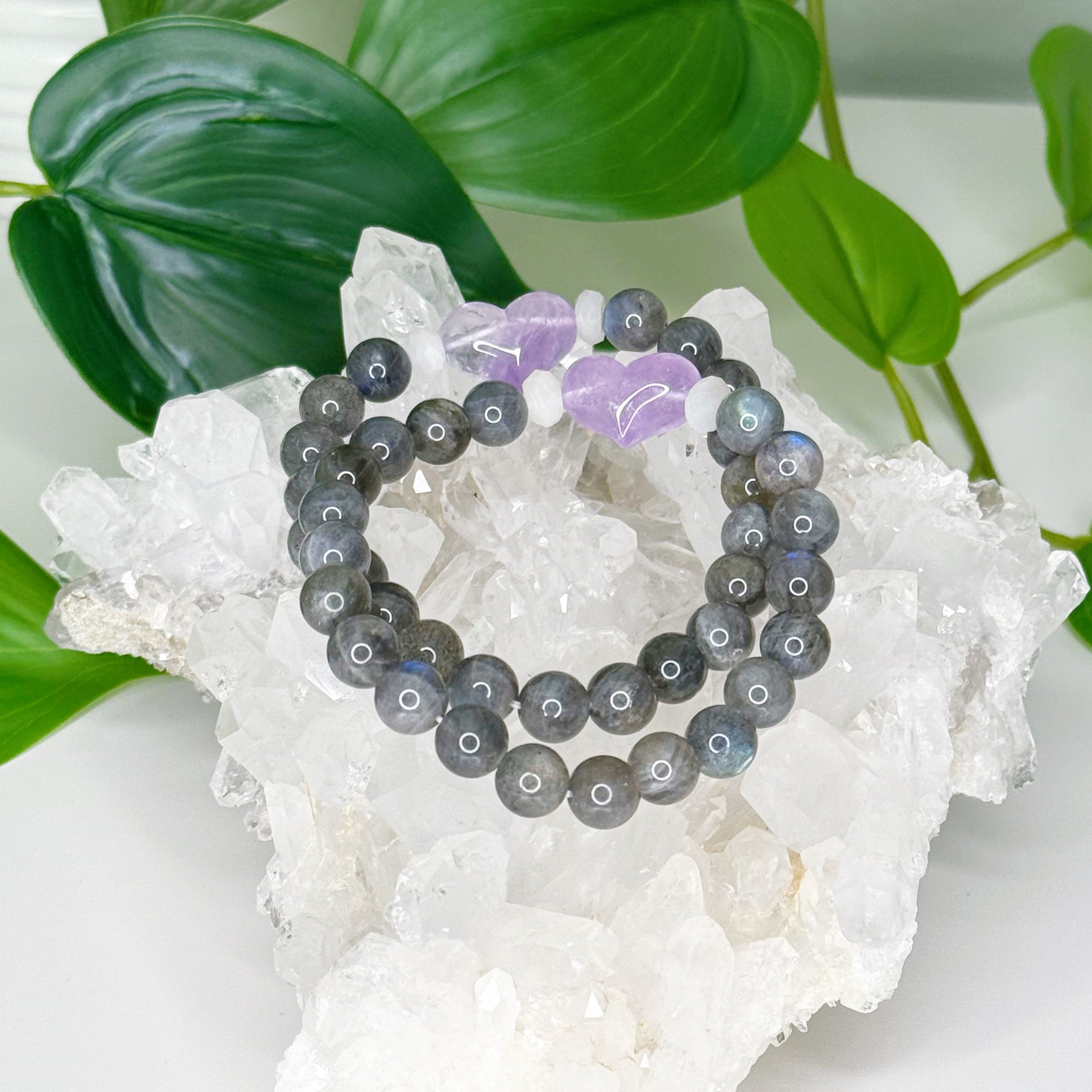 LABRADORITE + LILAC AMETHYST HEART 8mm - HANDMADE CRYSTAL BRACELET - 6th anniversary, 8mm, air, aquarius, Aries, bracelet, crystal bracelet, handmade bracelet, jewelry, pisces, purple, sagittarius, scorpio, storm, virgo, water, Wearable - The Mineral Maven