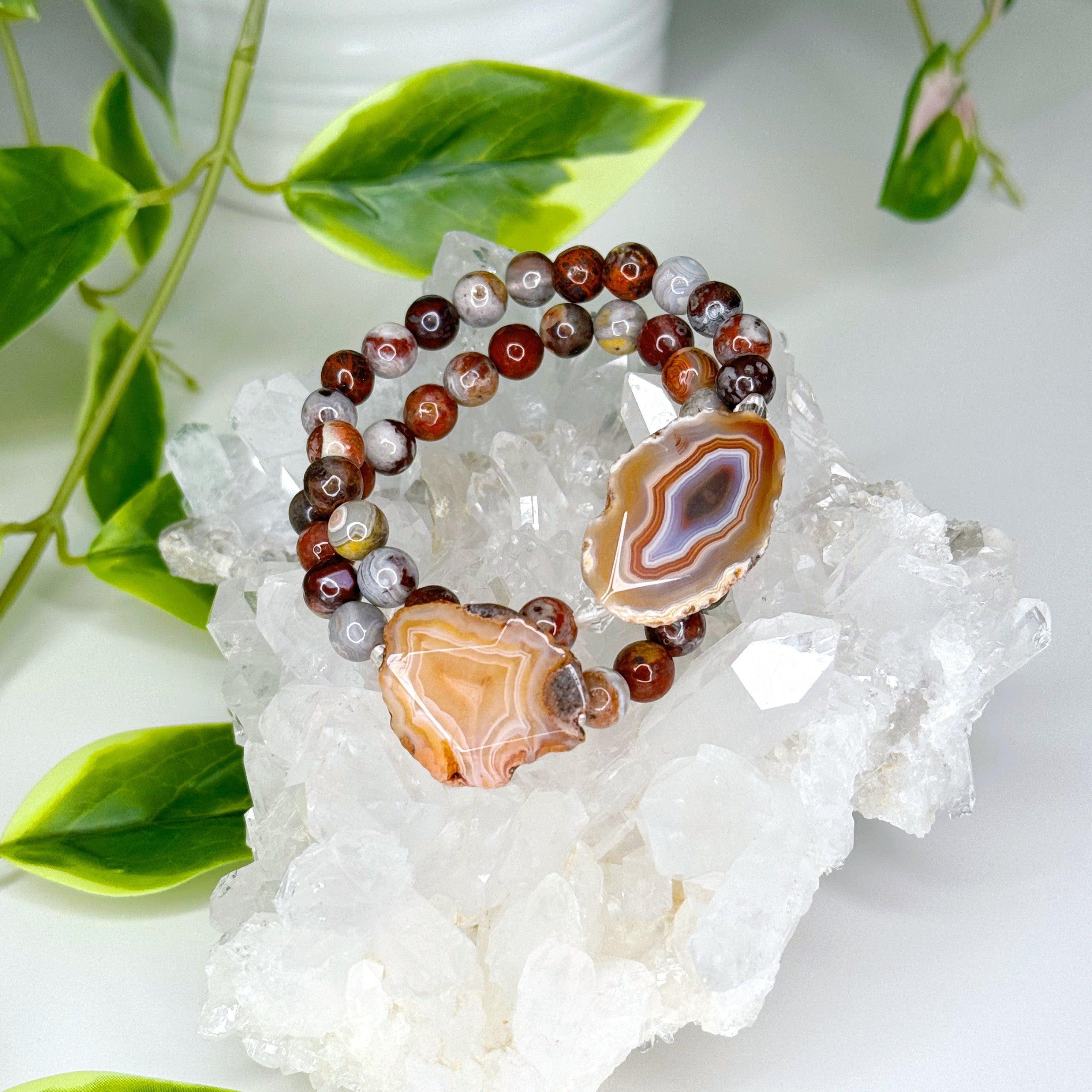 LAGUNA AGATE + CONDOR AGATE SLICE 8mm - HANDMADE CRYSTAL BRACELET - 6mm, agate, bracelet, brown, condor agate, crystal bracelet, fire, gemini, gemini stack, grey, handmade bracelet, jewelry, laguna agate, market bracelet, mixed colors, recently added, spring collection, Wearable - The Mineral Maven