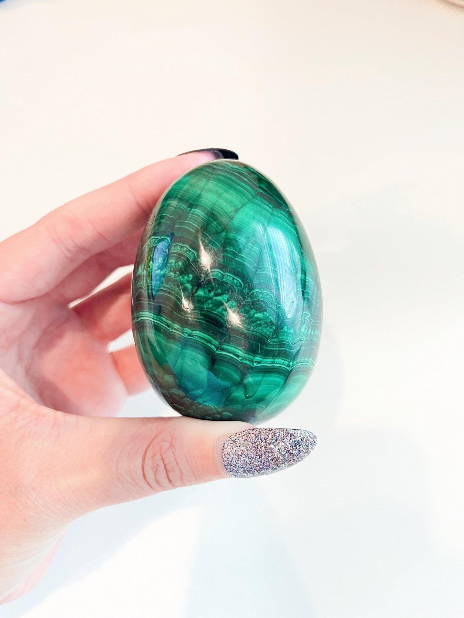 MALACHITE EGG - 33 bday, egg, flash sale, green, holiday sale, malachite, malachite egg, new year sale, polished stone, spring equinox, taurus, taurus season, transform gift bundle - The Mineral Maven