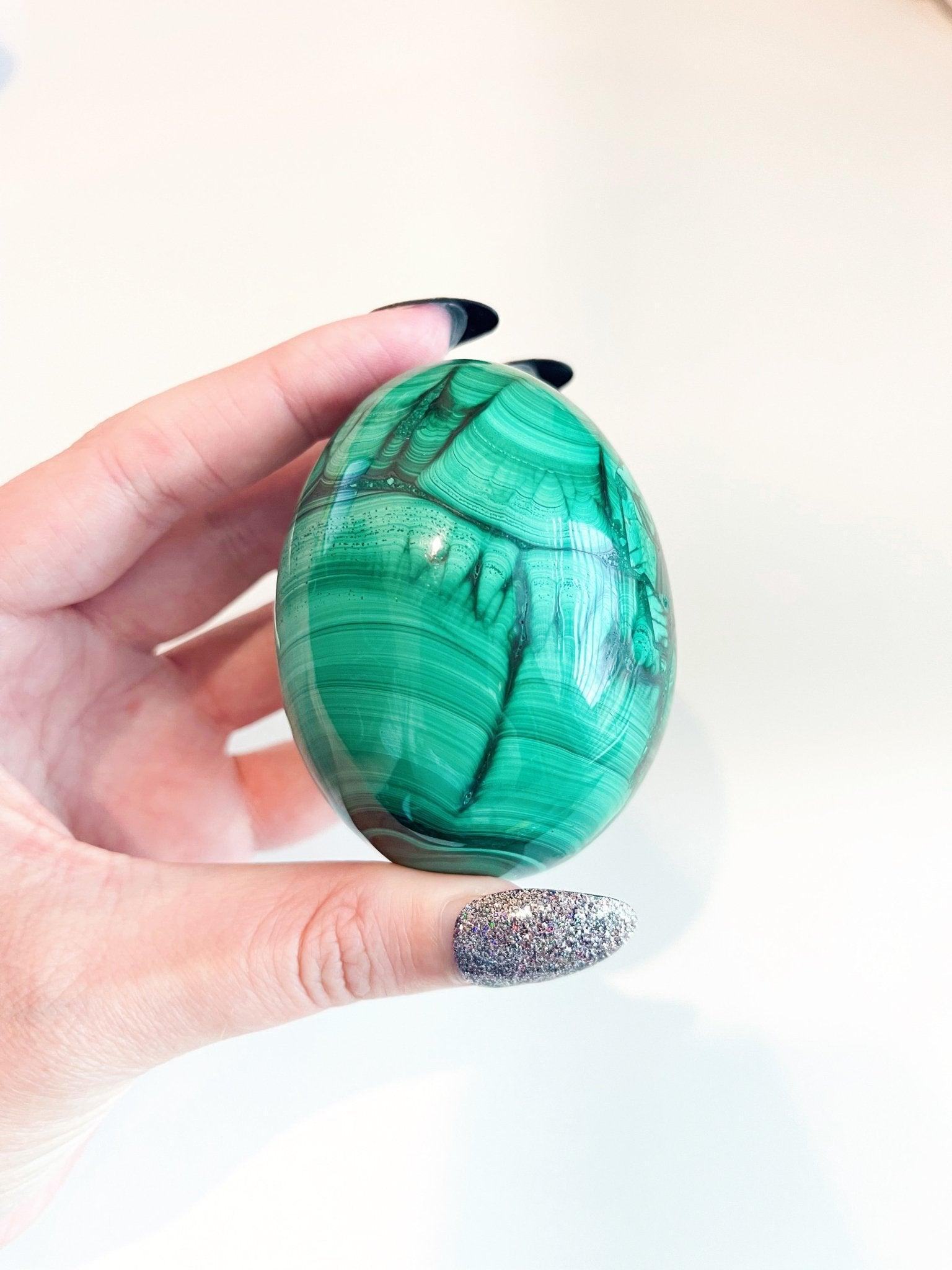 MALACHITE EGG - 33 bday, egg, flash sale, green, holiday sale, malachite, malachite egg, new year sale, polished stone, spring equinox, taurus, taurus season, transform gift bundle - The Mineral Maven