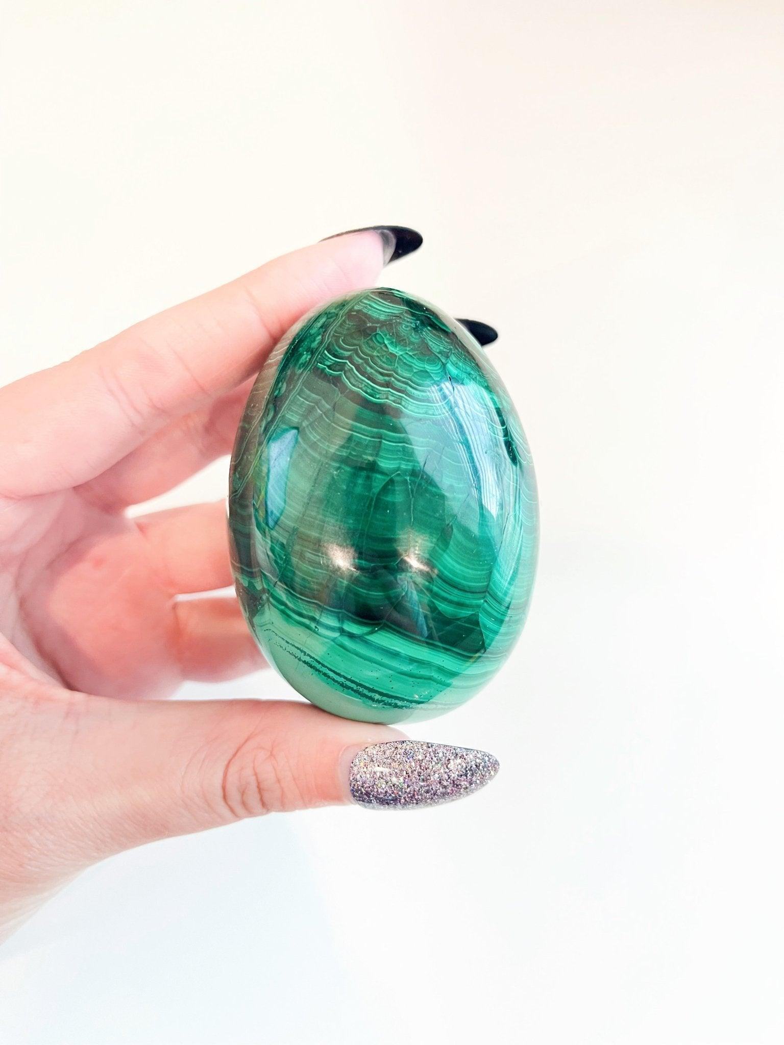 MALACHITE EGG - 33 bday, egg, flash sale, green, holiday sale, malachite, malachite egg, new year sale, polished stone, spring equinox, taurus, taurus season, transform gift bundle - The Mineral Maven