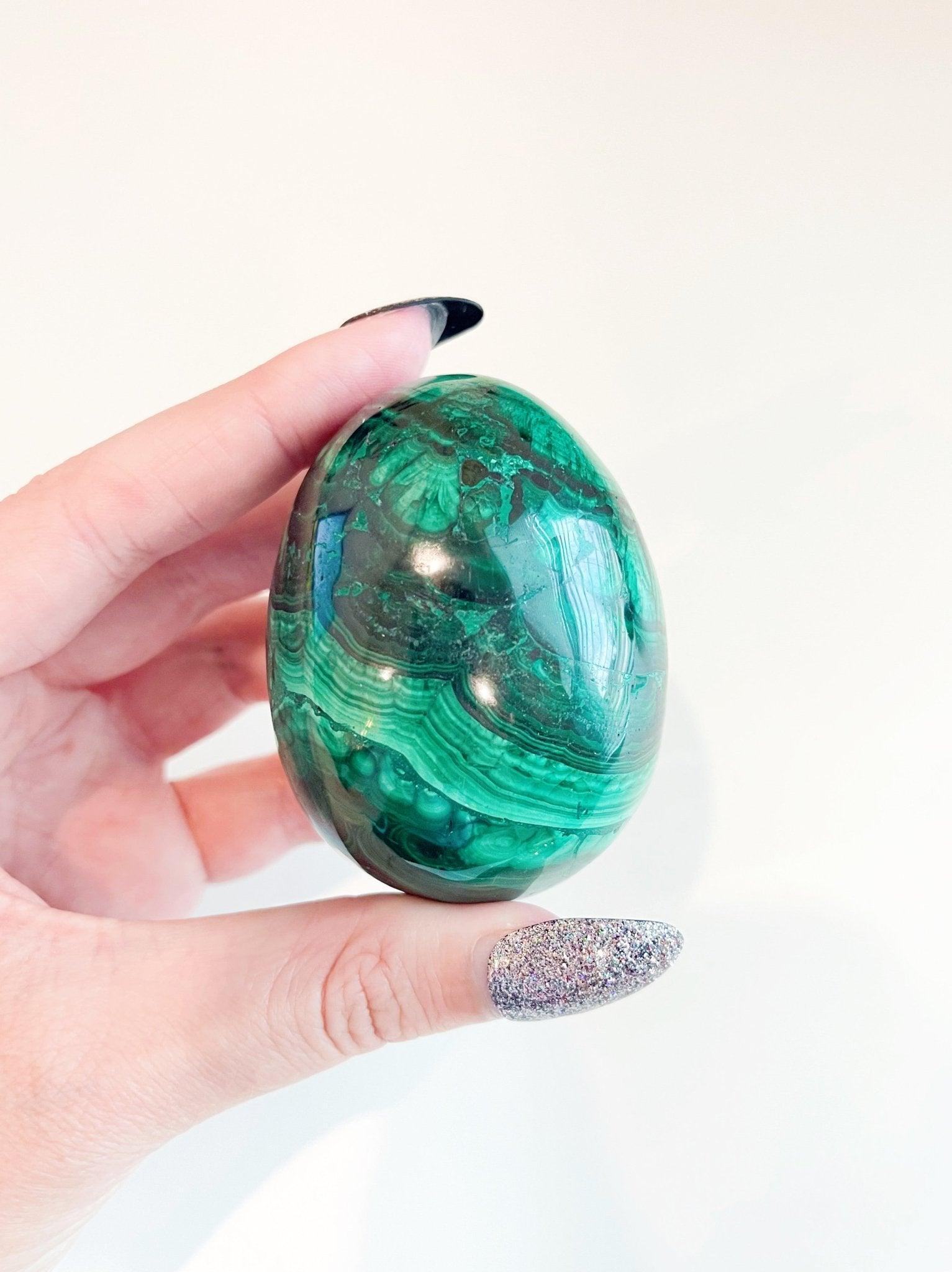 MALACHITE EGG - 33 bday, egg, flash sale, green, holiday sale, malachite, malachite egg, new year sale, polished stone, spring equinox, taurus, taurus season, transform gift bundle - The Mineral Maven