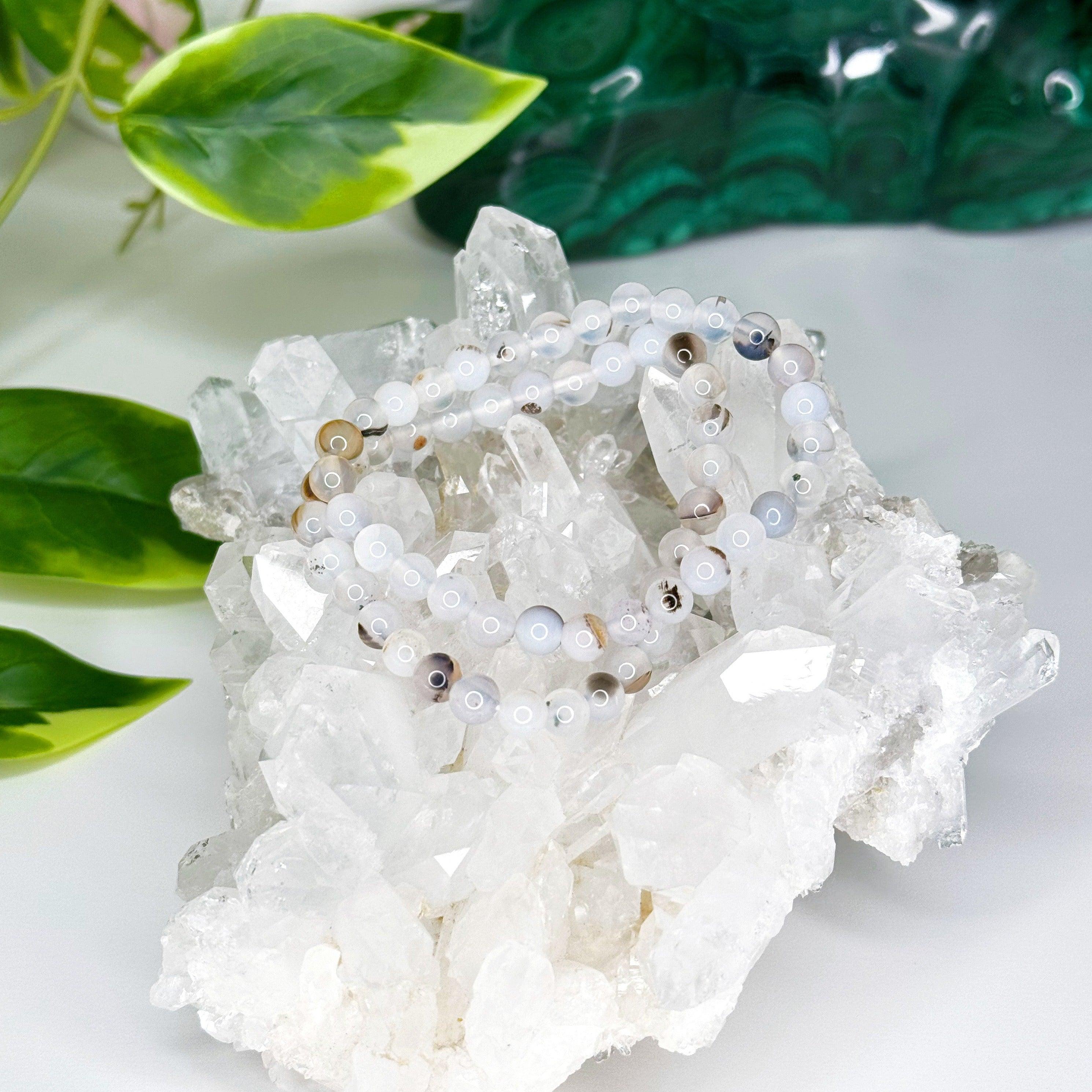 MONTANA AGATE 6mm - HANDMADE CRYSTAL BRACELET - 6mm, agate, bracelet, clear/white, crystal bracelet, dendritic agate, emotional support, focus gift bundle, handmade bracelet, jewelry, joy gift bundle, market bracelet, montana agate, recently added, Wearable, white, white agate, winter collection, winter solstice collection - The Mineral Maven