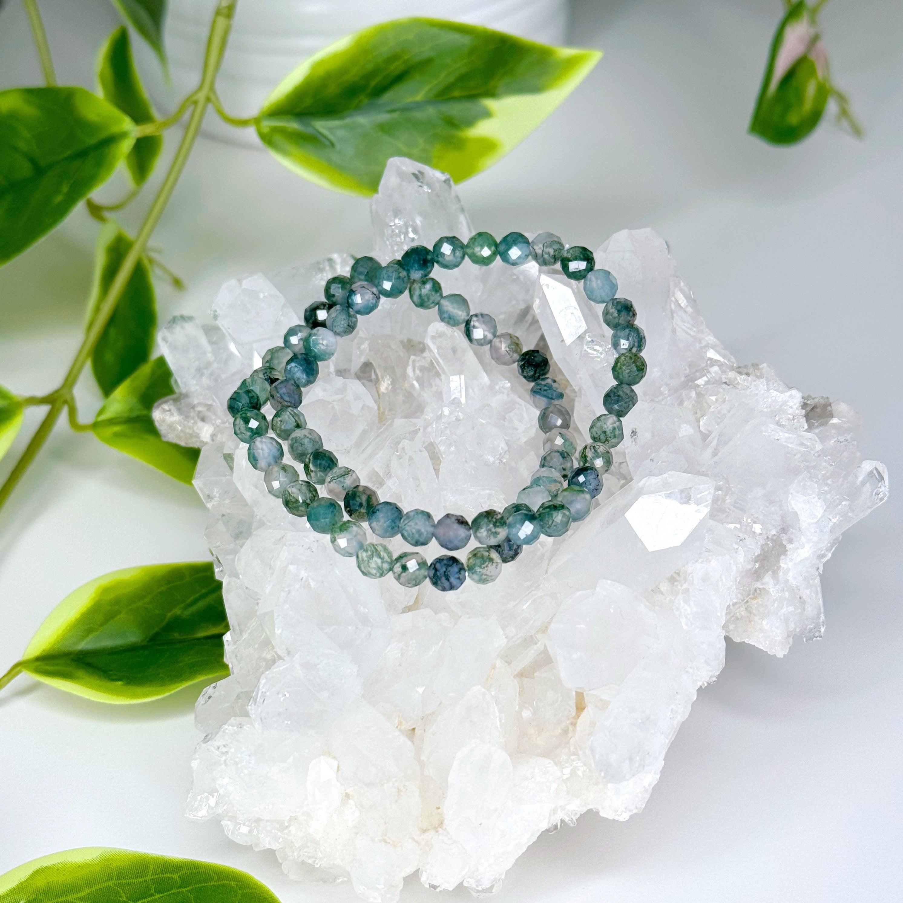 MOSS AGATE (FACETED) 6mm - HANDMADE CRYSTAL BRACELET - 10 Dec Inventory, 6mm, bracelet, bracelet inventory check, crystal bracelet, earth, emotional support, faceted, handmade bracelet, jewelry, June 2025 inventory check, market bracelet, mercury retrograde stack, moss agate, virgo, virgo stack, Wearable - The Mineral Maven