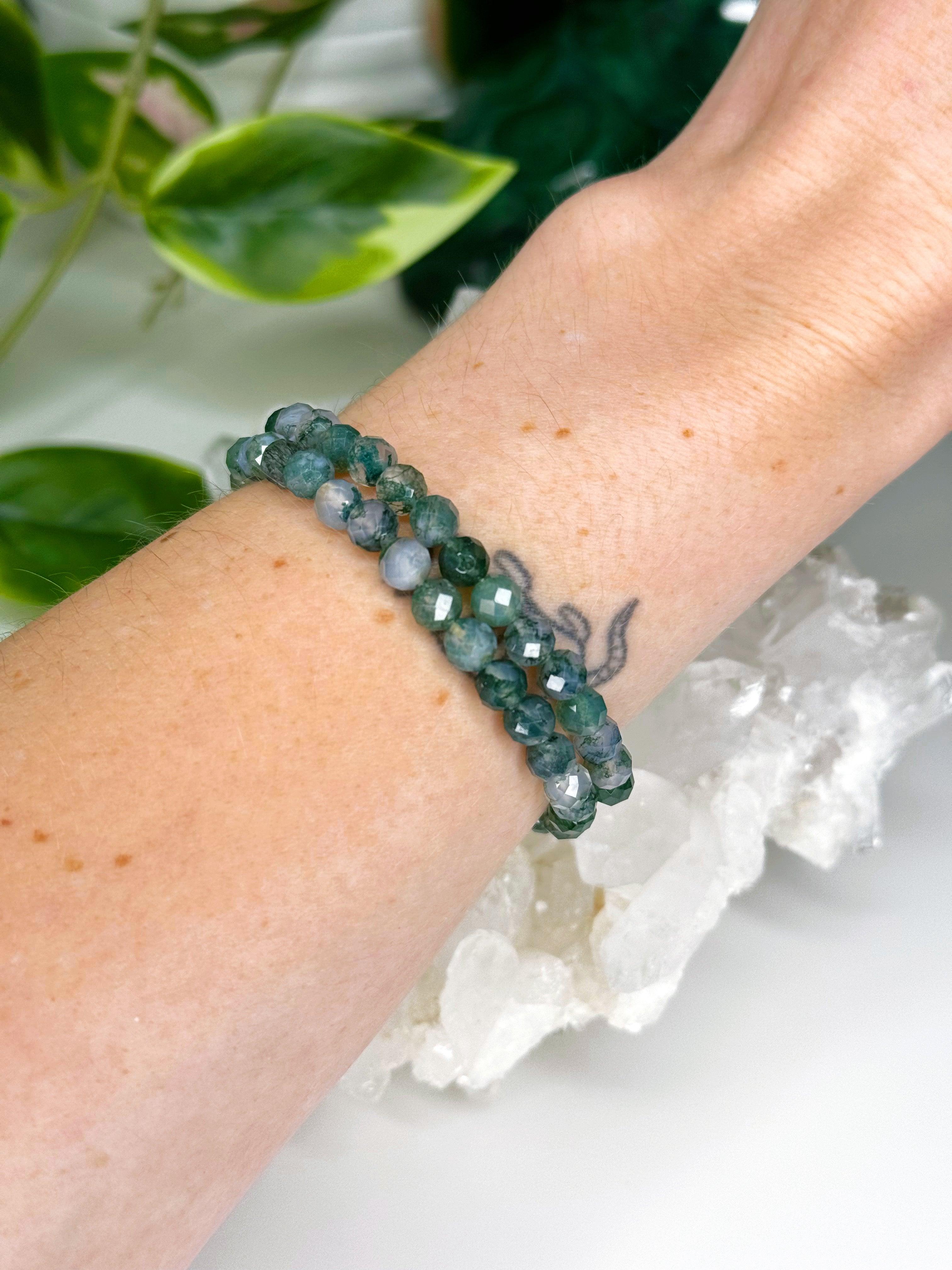 MOSS AGATE (FACETED) 6mm - HANDMADE CRYSTAL BRACELET - 10 Dec Inventory, 6mm, bracelet, bracelet inventory check, crystal bracelet, earth, emotional support, faceted, handmade bracelet, jewelry, June 2025 inventory check, market bracelet, mercury retrograde stack, moss agate, virgo, virgo stack, Wearable - The Mineral Maven