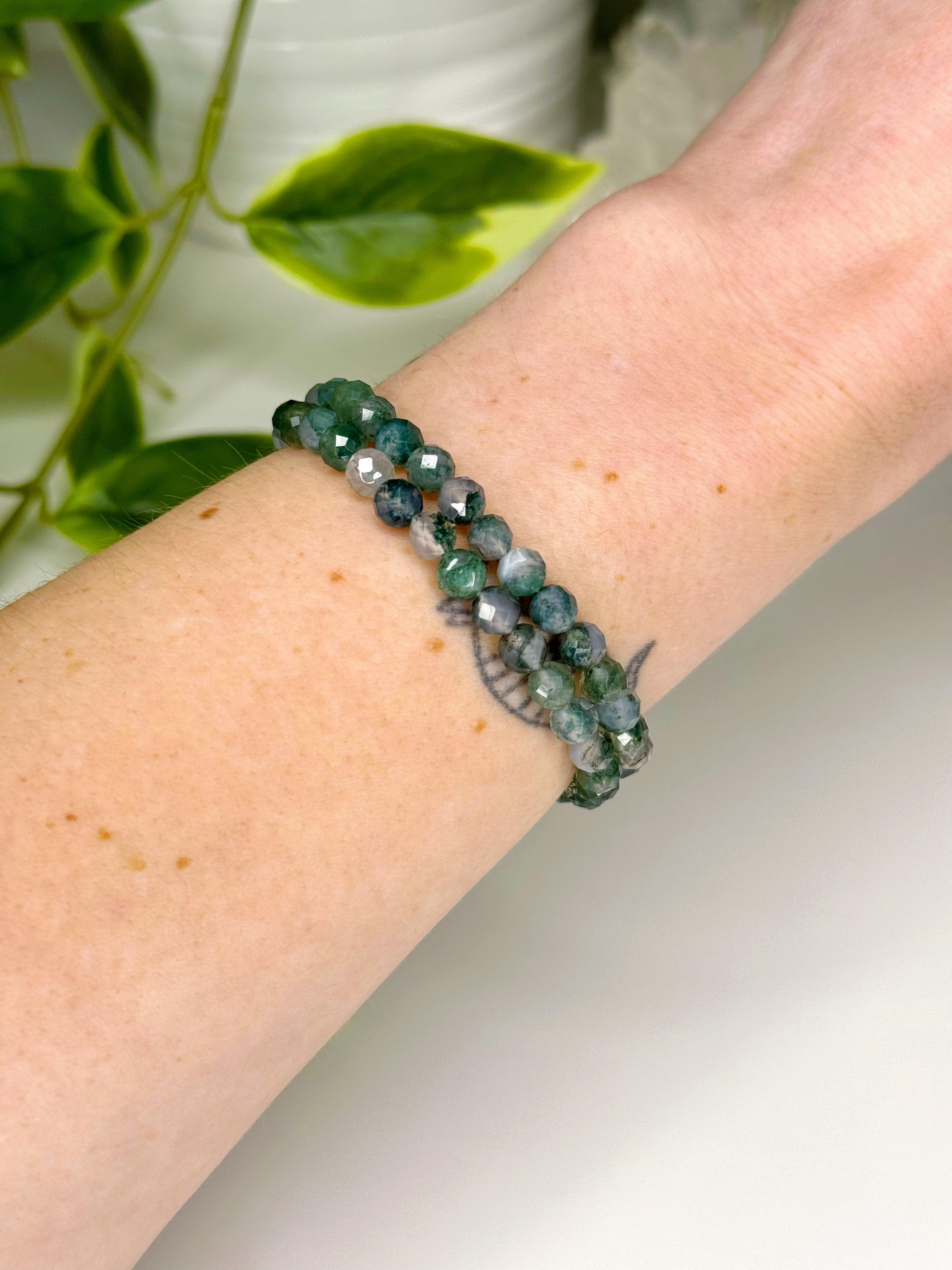 MOSS AGATE (FACETED) 6mm - HANDMADE CRYSTAL BRACELET - 10 Dec Inventory, 6mm, bracelet, bracelet inventory check, crystal bracelet, earth, emotional support, faceted, handmade bracelet, jewelry, June 2025 inventory check, market bracelet, mercury retrograde stack, moss agate, virgo, virgo stack, Wearable - The Mineral Maven