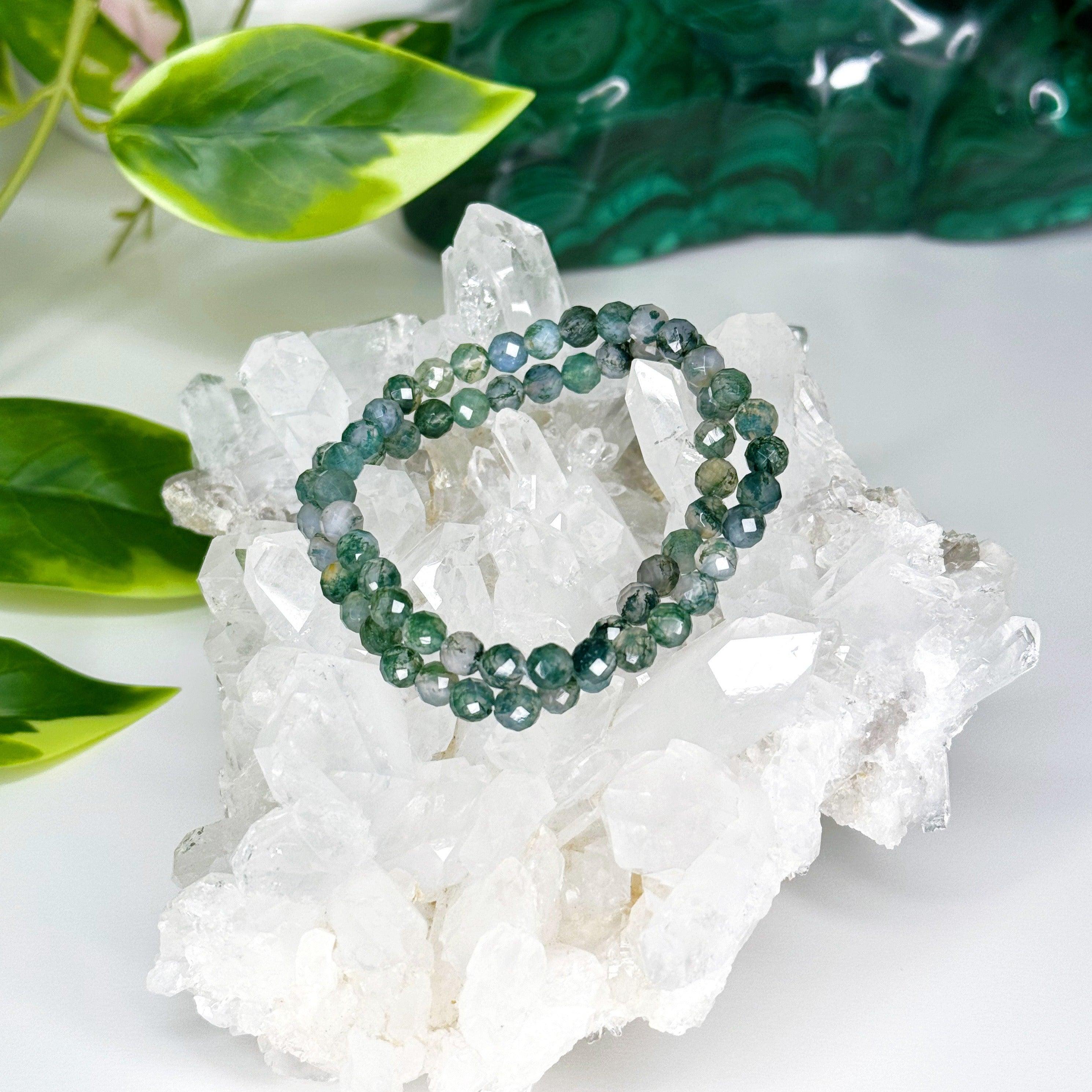 MOSS AGATE (FACETED) 6mm - HANDMADE CRYSTAL BRACELET - 10 Dec Inventory, 6mm, bracelet, bracelet inventory check, crystal bracelet, earth, emotional support, faceted, handmade bracelet, jewelry, June 2025 inventory check, market bracelet, mercury retrograde stack, moss agate, virgo, virgo stack, Wearable - The Mineral Maven