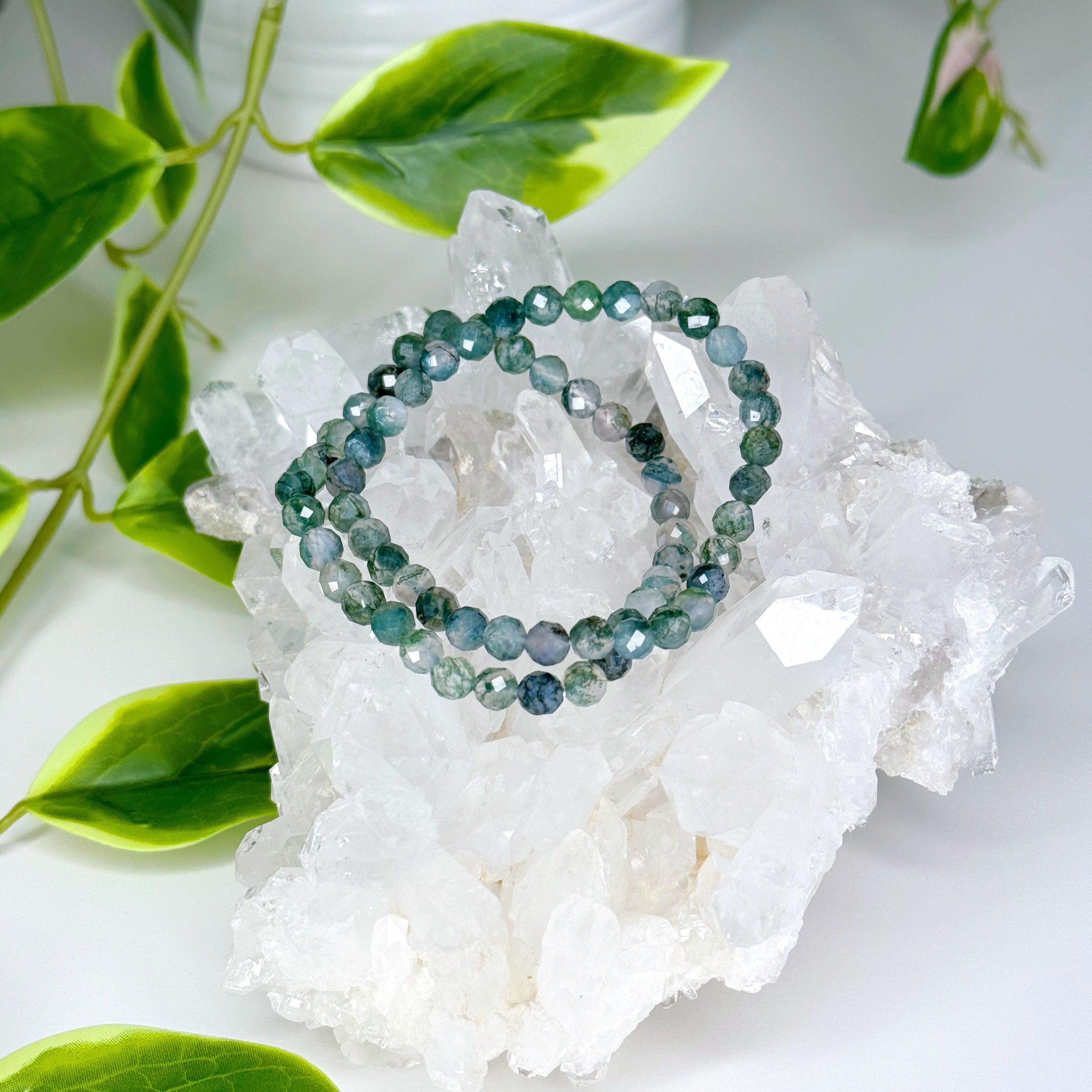 MOSS AGATE (FACETED) 6mm - HANDMADE CRYSTAL BRACELET - 6mm, bracelet, crystal bracelet, earth, emotional support, faceted, handmade bracelet, jewelry, market bracelet, mercury retrograde stack, moss agate, recently added, spring collection, virgo, virgo stack, Wearable - The Mineral Maven