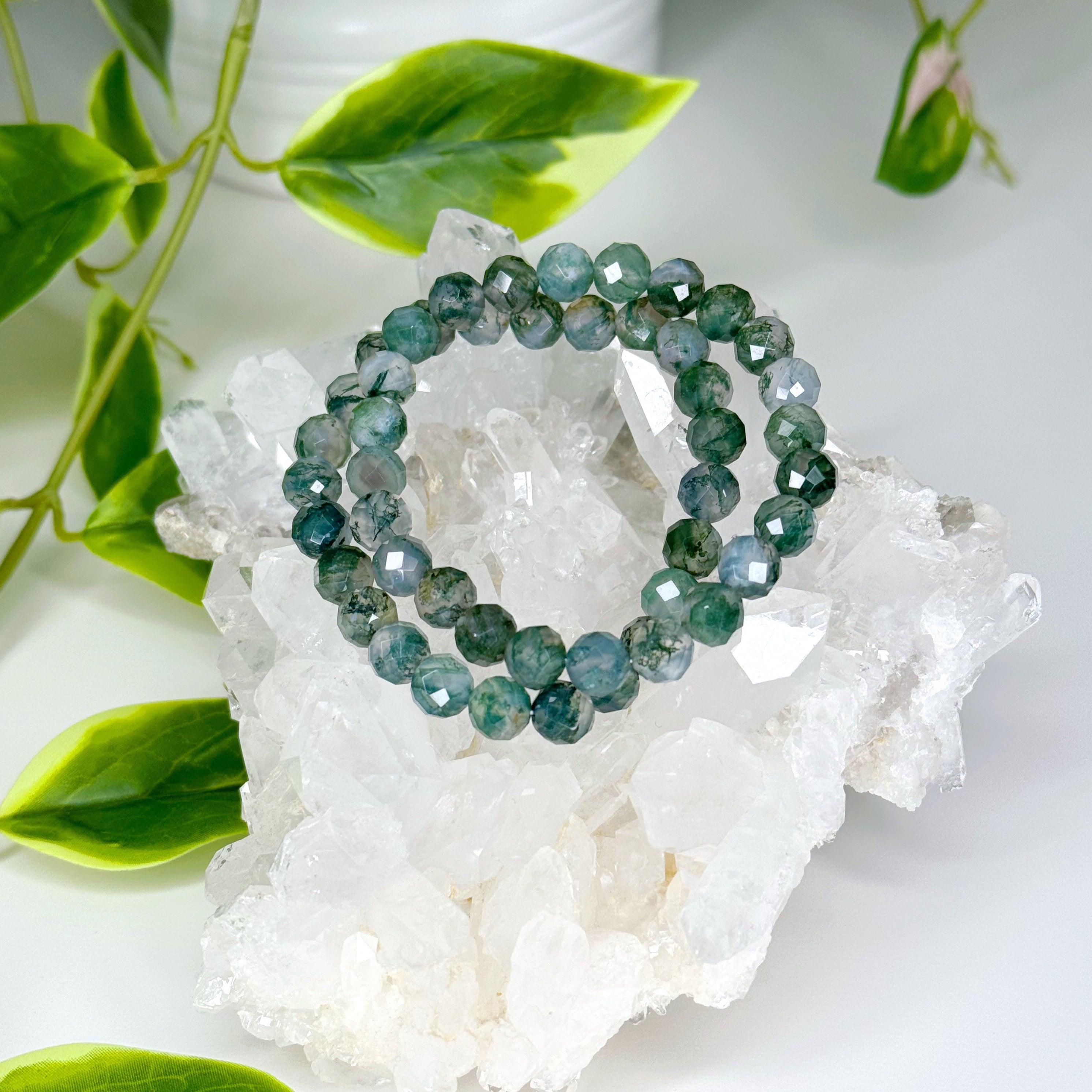 MOSS AGATE (FACETED) 8mm - HANDMADE CRYSTAL BRACELET - 10 Dec Inventory, 8mm, bracelet, bracelet inventory check, crystal bracelet, earth, faceted, handmade bracelet, jewelry, June 2025 inventory check, mercury retrograde stack, moss agate, virgo, virgo stack, Wearable - The Mineral Maven