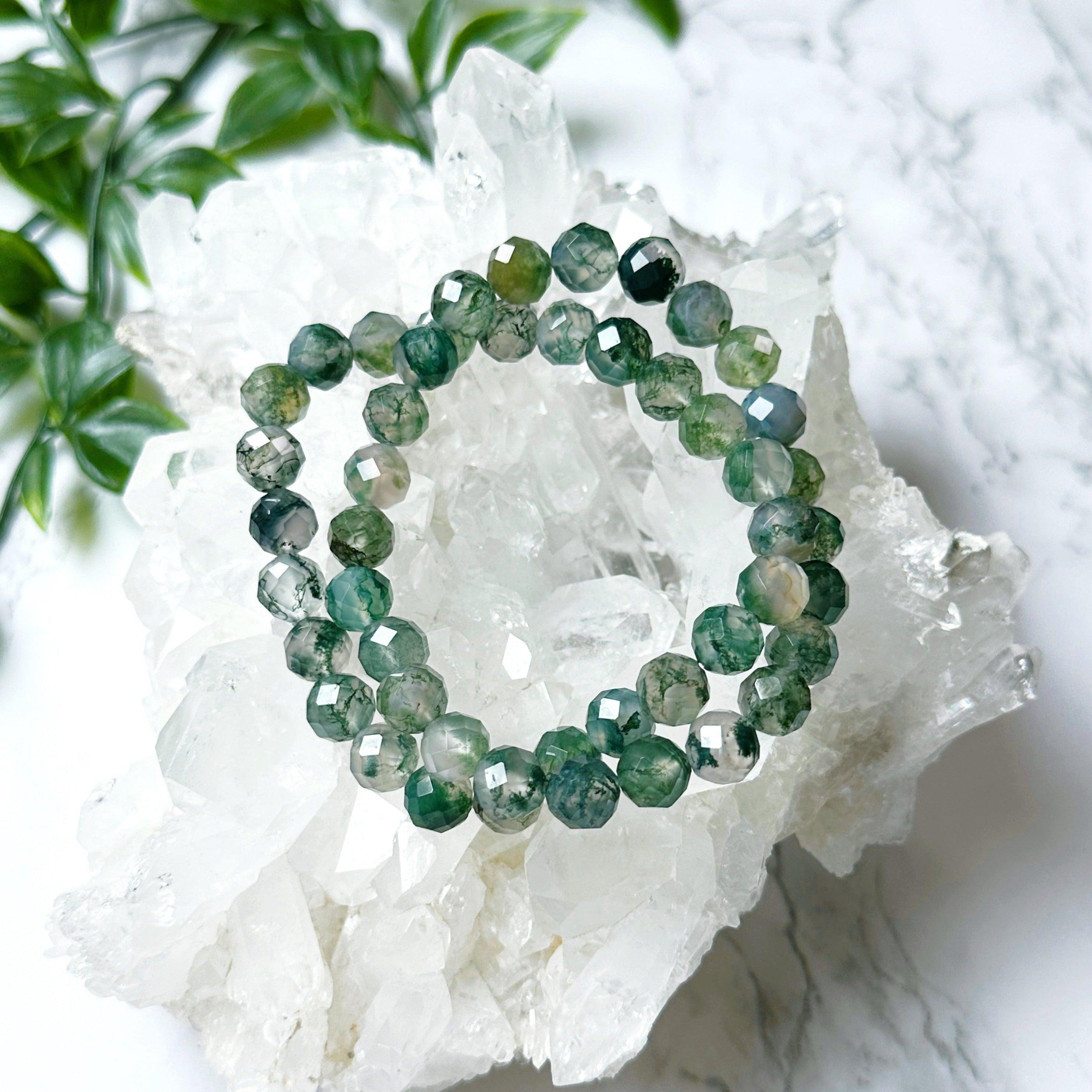 MOSS AGATE (FACETED) 8mm - HANDMADE CRYSTAL BRACELET - 8mm, bracelet, crystal bracelet, earth, faceted, handmade bracelet, jewelry, mercury retrograde stack, moss agate, recently added, spring collection, virgo, virgo stack, Wearable - The Mineral Maven