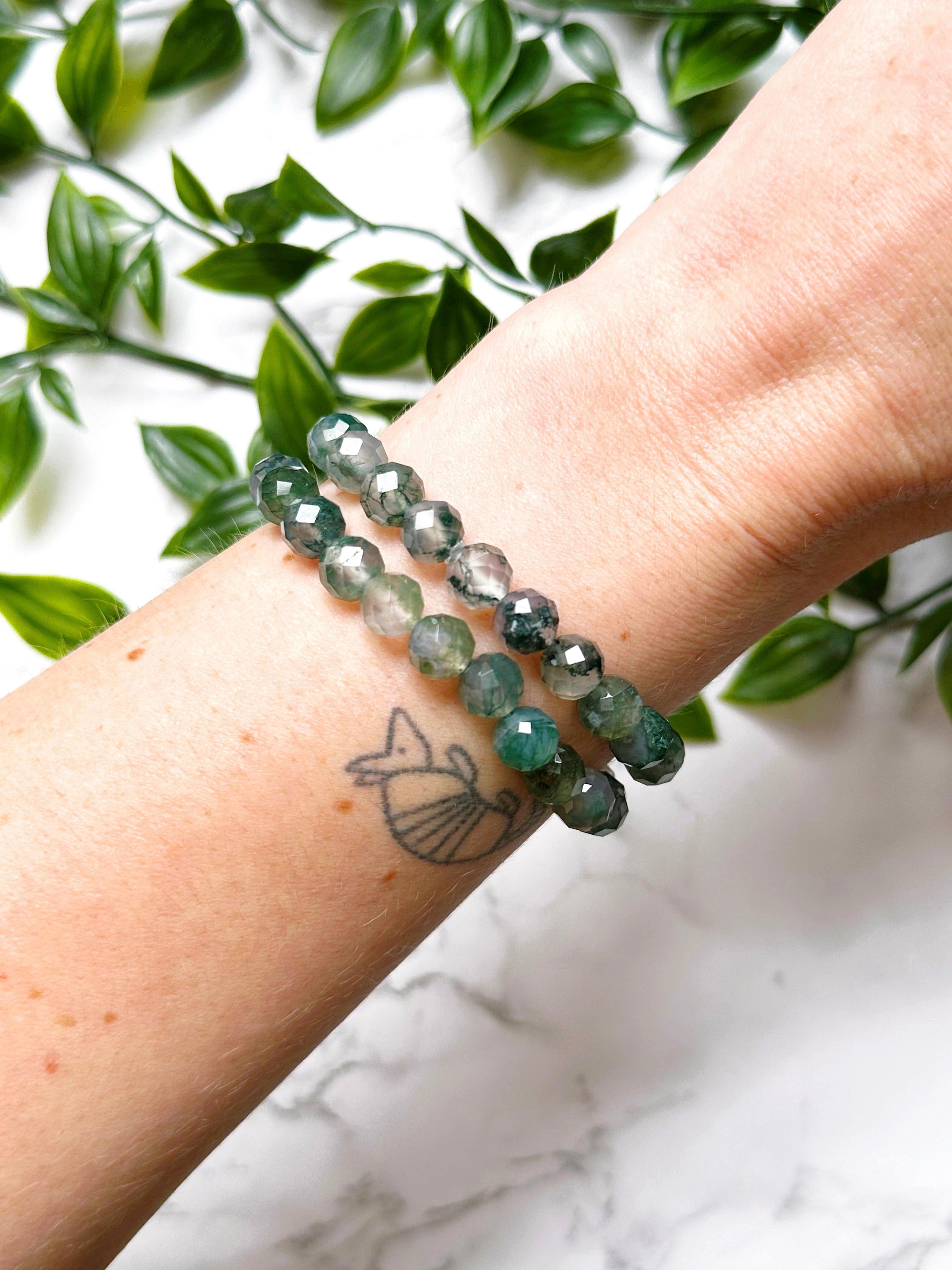 MOSS AGATE (FACETED) 8mm - HANDMADE CRYSTAL BRACELET - 8mm, bracelet, crystal bracelet, earth, faceted, handmade bracelet, jewelry, mercury retrograde stack, moss agate, recently added, spring collection, virgo, virgo stack, Wearable - The Mineral Maven