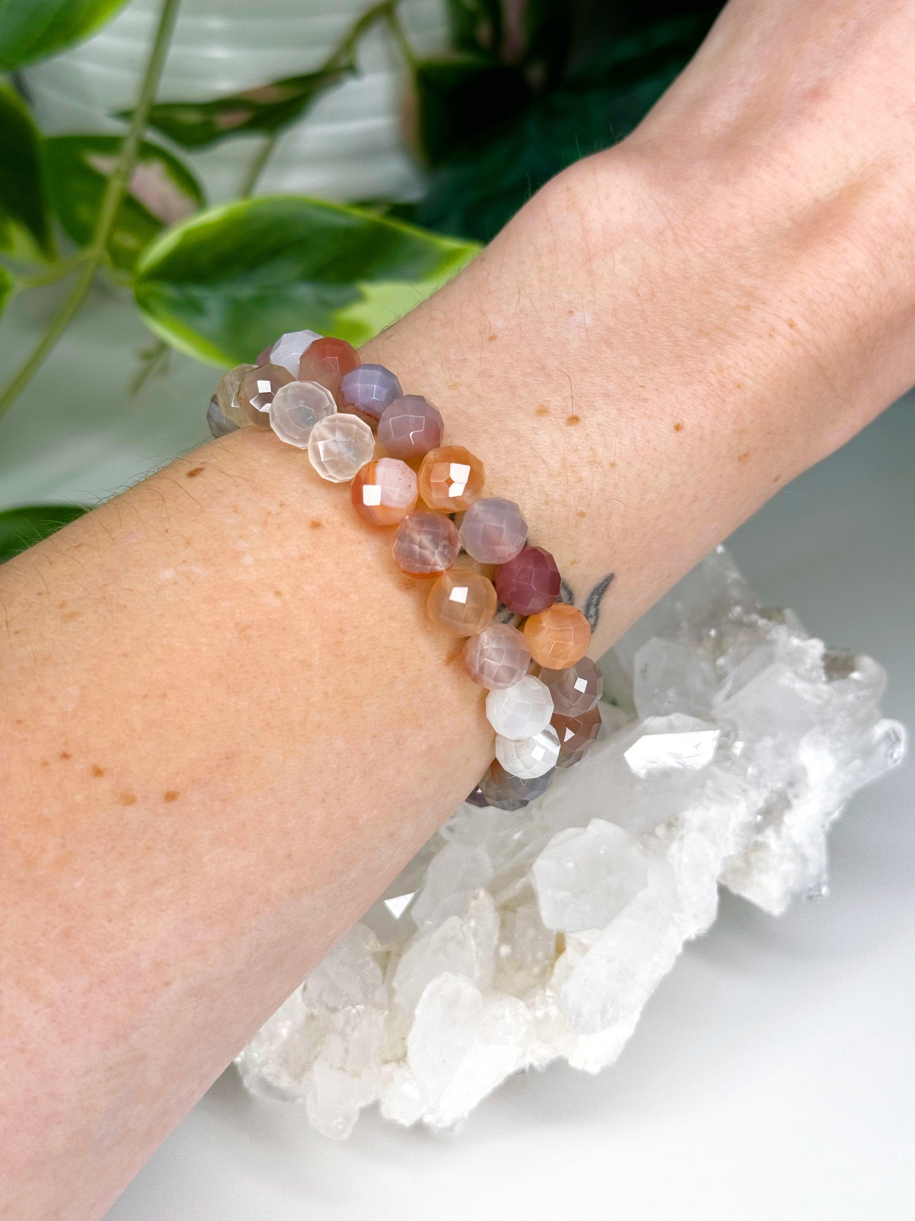 MOZAMBIQUE AGATE (FACETED) 8mm - HANDMADE CRYSTAL BRACELET - 10 Dec Inventory, 8mm, agate, bracelet, bracelet inventory check, crystal bracelet, emotional support, faceted, fire, gemini, gemini stack, handmade bracelet, jewelry, June 2025 inventory check, market bracelet, mixed colors, mozambique agate, solstice collection, Wearable, winter solstice collection - The Mineral Maven