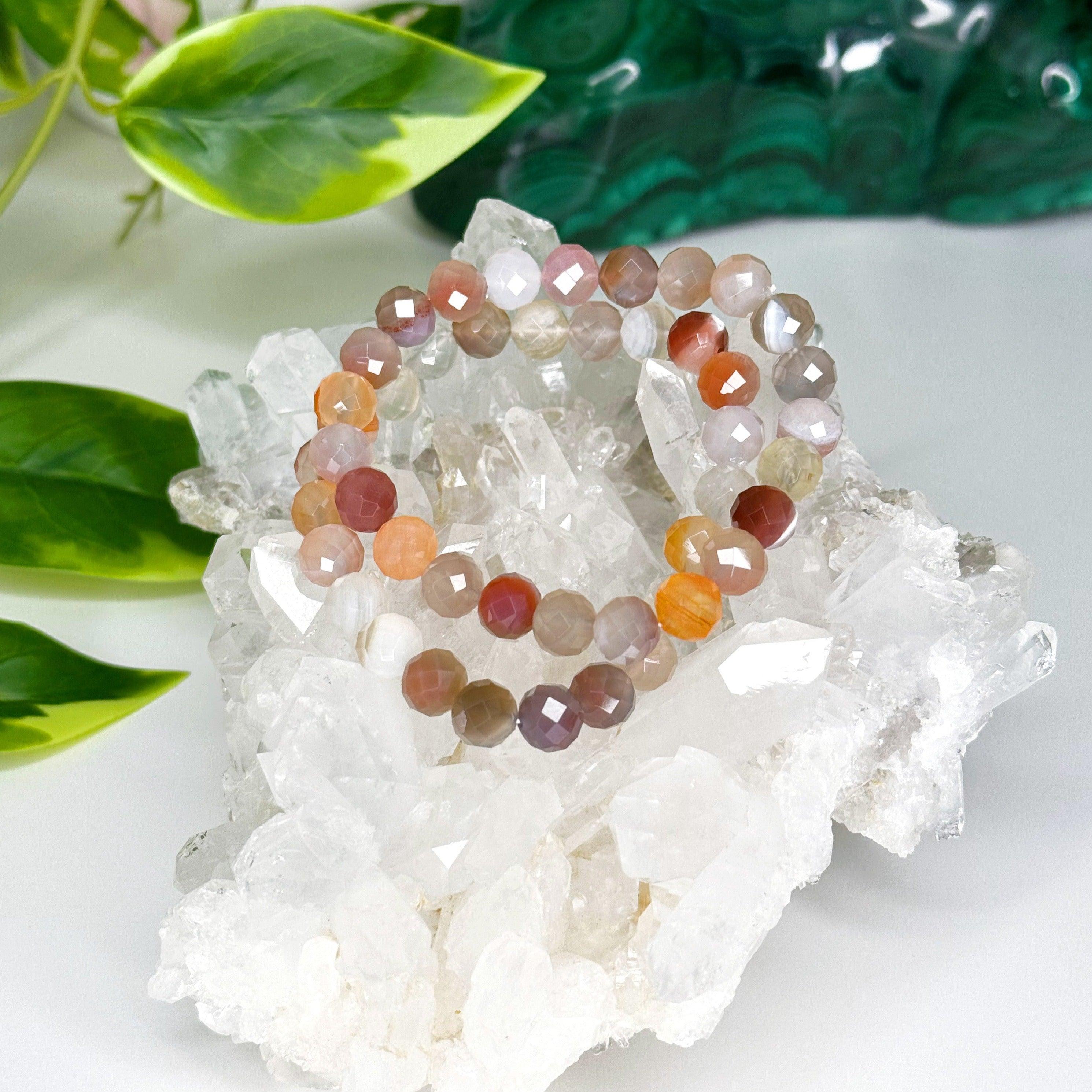 MOZAMBIQUE AGATE (FACETED) 8mm - HANDMADE CRYSTAL BRACELET - 8mm, agate, bracelet, crystal bracelet, emotional support, faceted, fire, gemini, gemini stack, handmade bracelet, jewelry, market bracelet, mixed colors, mozambique agate, recently added, solstice collection, Wearable, winter solstice collection - The Mineral Maven