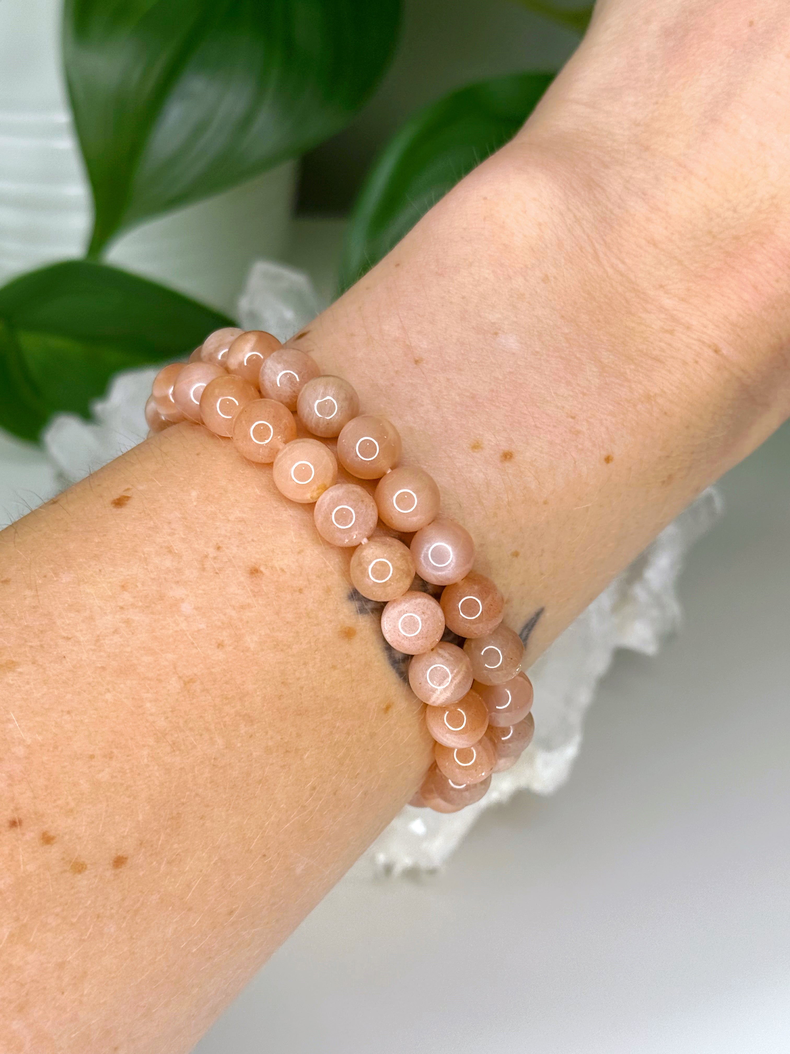 PEACH MOONSTONE 8mm - HANDMADE CRYSTAL BRACELET - 8mm, air, aquarius, bracelet, cancer, crystal bracelet, fertility, gemini, handmade bracelet, jewelry, libra, moonstone, Orange, peach moonstone, pisces, summerween collection, virgo, Wearable - The Mineral Maven