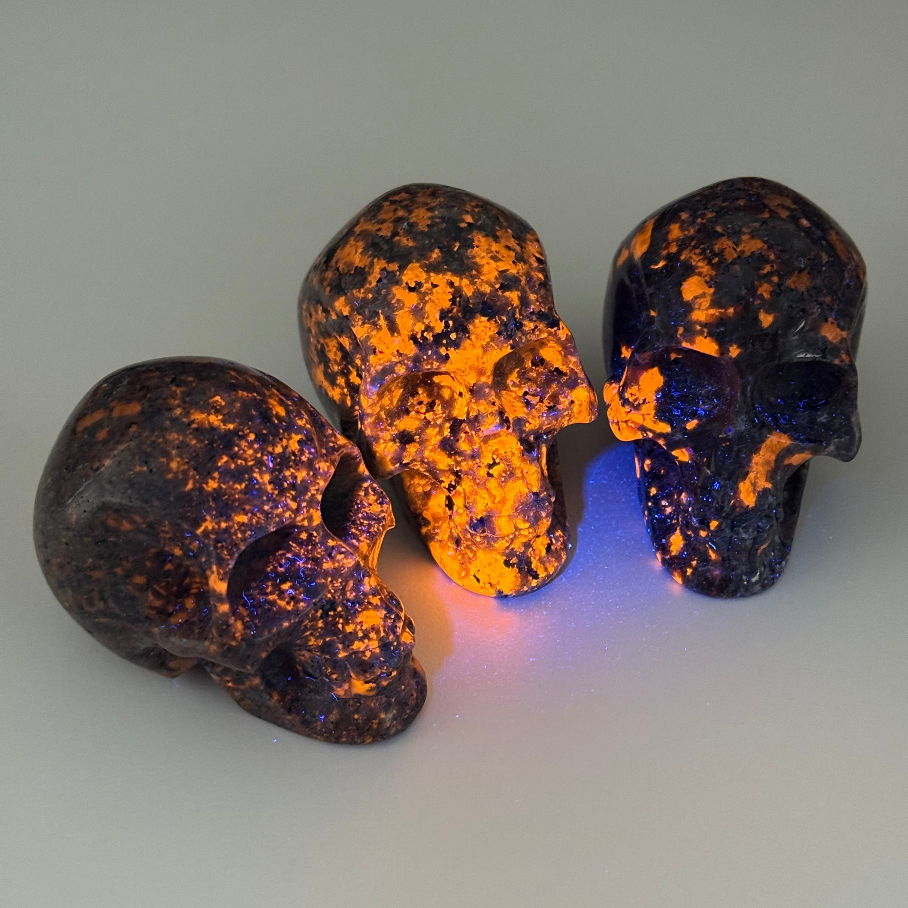 PICK YOUR OWN: "FIRELITE" SKULL - emberlite, firelite, lake superior, polished, polished stone, skull, statement piece, summerween collection, uv fluorescent, yooperlite - The Mineral Maven