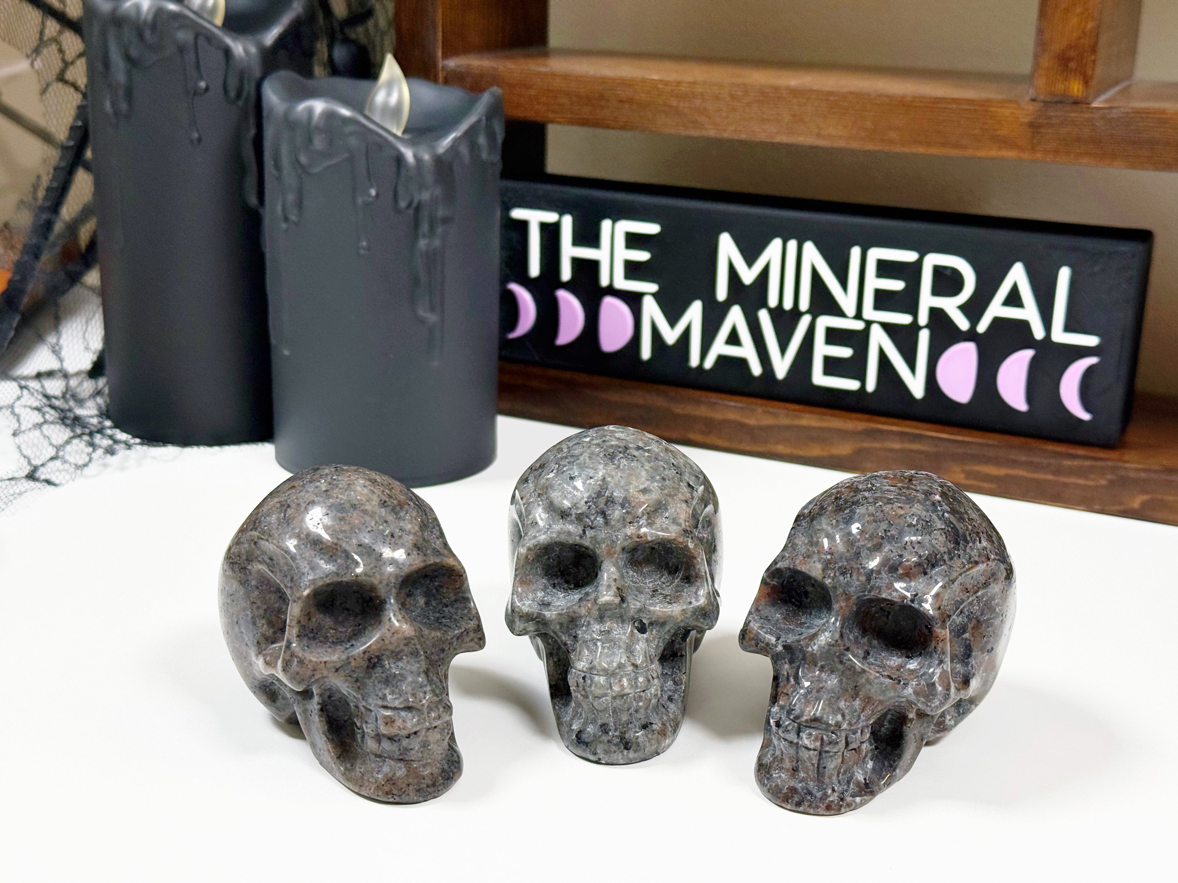PICK YOUR OWN: &quot;FIRELITE&quot; SKULL - emberlite, firelite, lake superior, polished, polished stone, skull, statement piece, summerween collection, uv fluorescent, yooperlite - The Mineral Maven