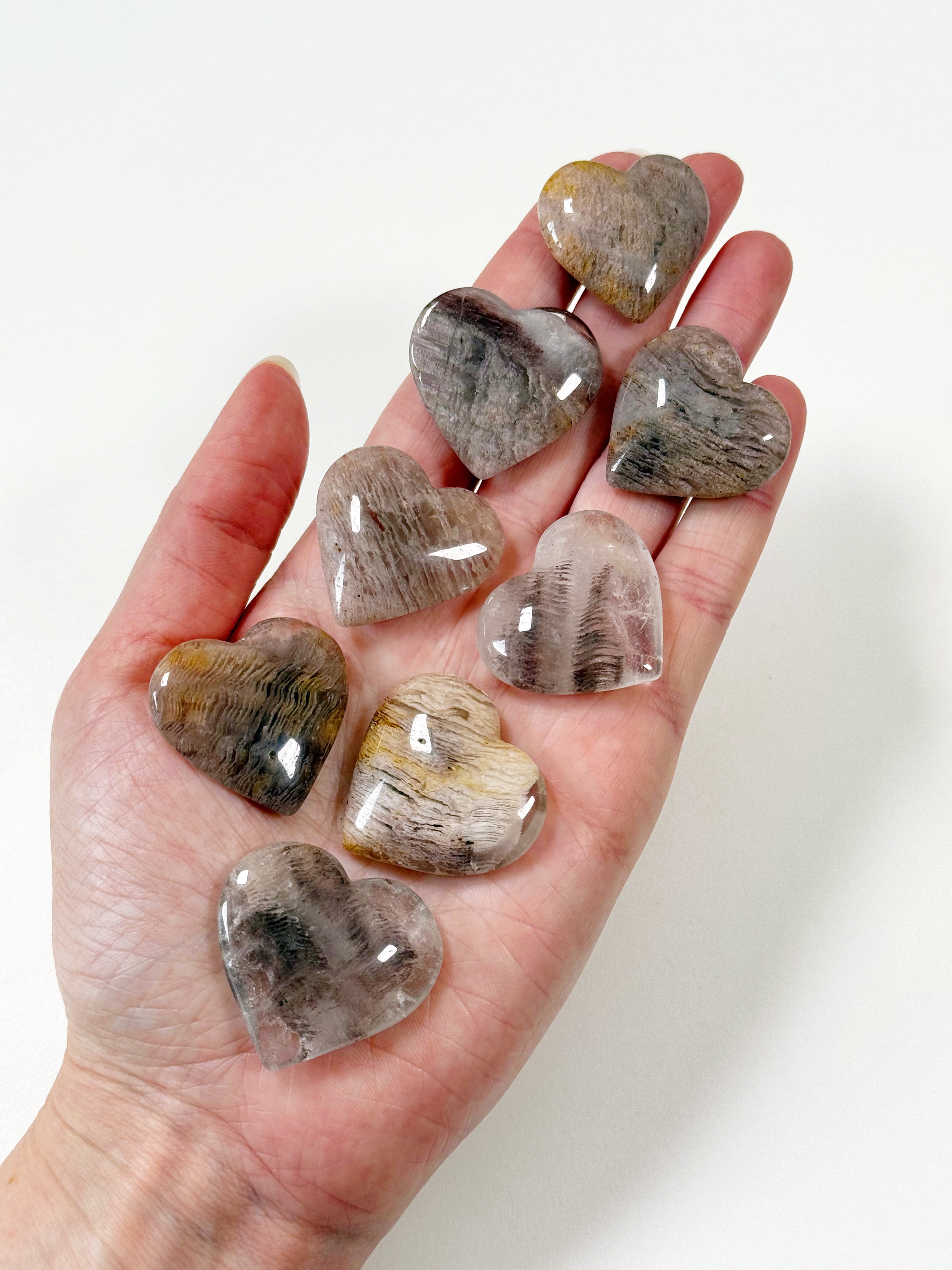 PINK LITHIUM THOUSAND LAYER QUARTZ MINI HEART - heart, heart shape, lodolite, mini heart, pink lithium quartz, pocket crystal, pocket crystals, pocket stone, thousand layer quartz, tucson mini drop - The Mineral Maven