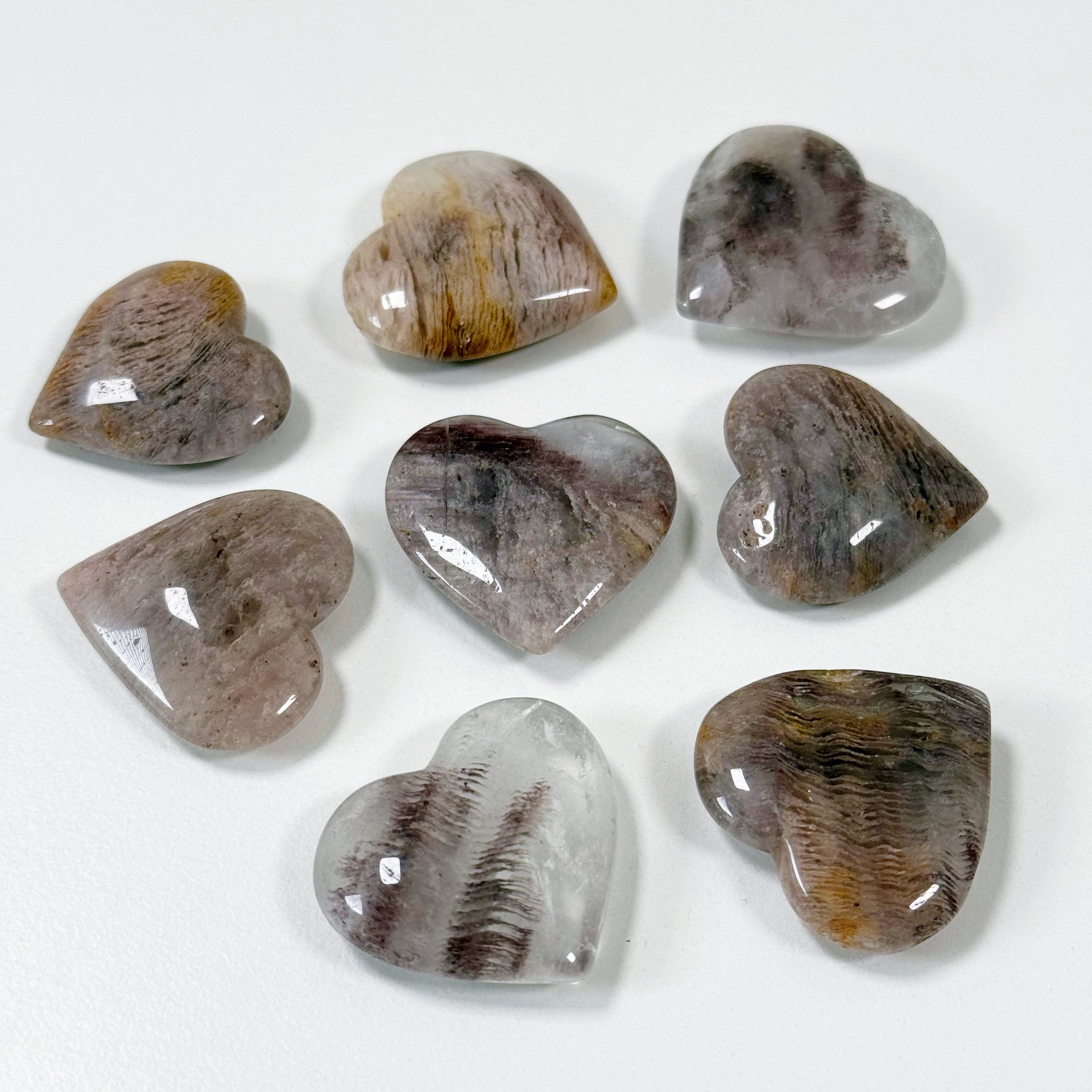 PINK LITHIUM THOUSAND LAYER QUARTZ MINI HEART - heart, heart shape, lodolite, mini heart, pink lithium quartz, pocket crystal, pocket crystals, pocket stone, thousand layer quartz, tucson mini drop - The Mineral Maven