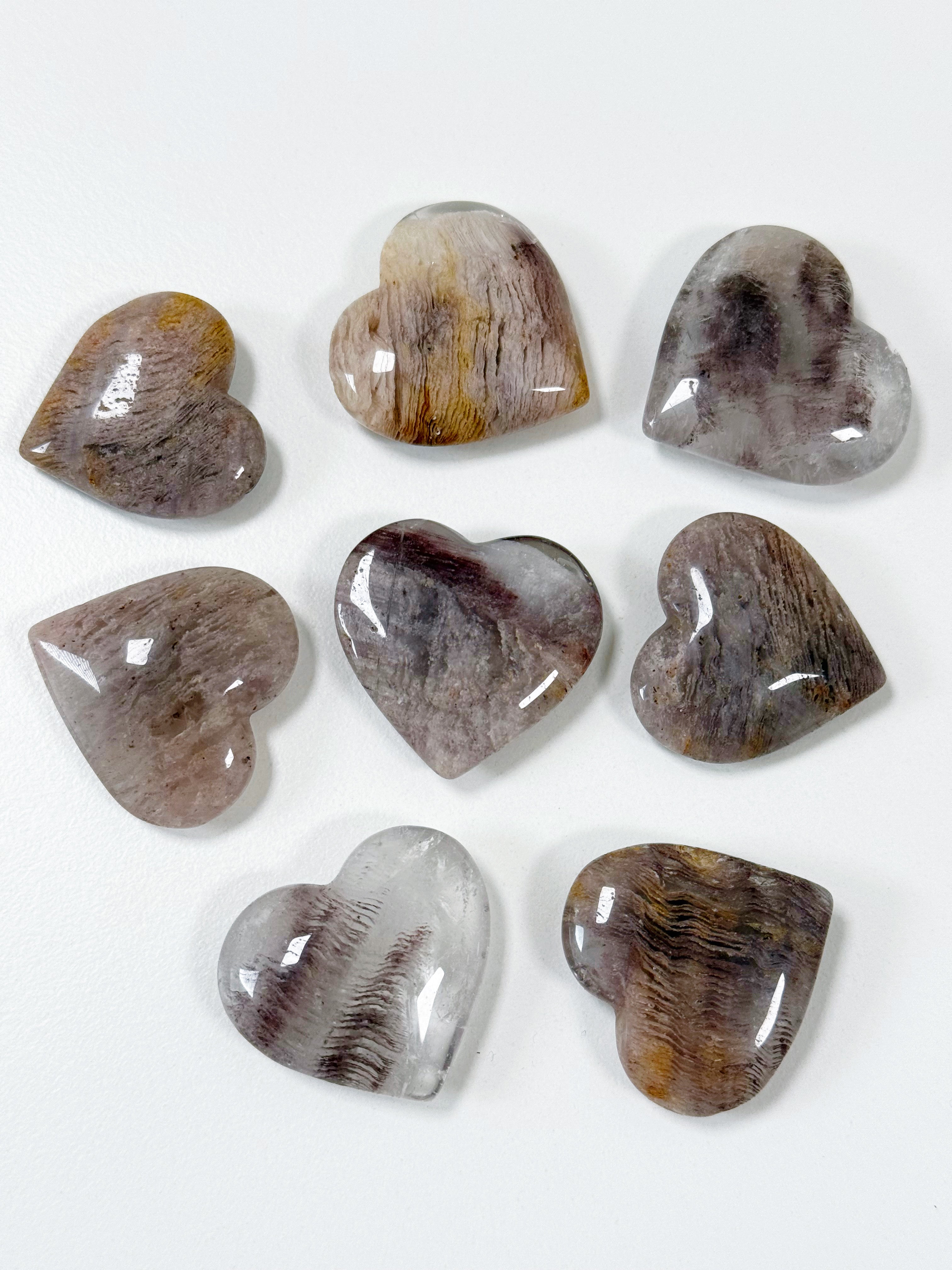 PINK LITHIUM THOUSAND LAYER QUARTZ MINI HEART - heart, heart shape, lodolite, mini heart, pink lithium quartz, pocket crystal, pocket crystals, pocket stone, thousand layer quartz, tucson mini drop - The Mineral Maven