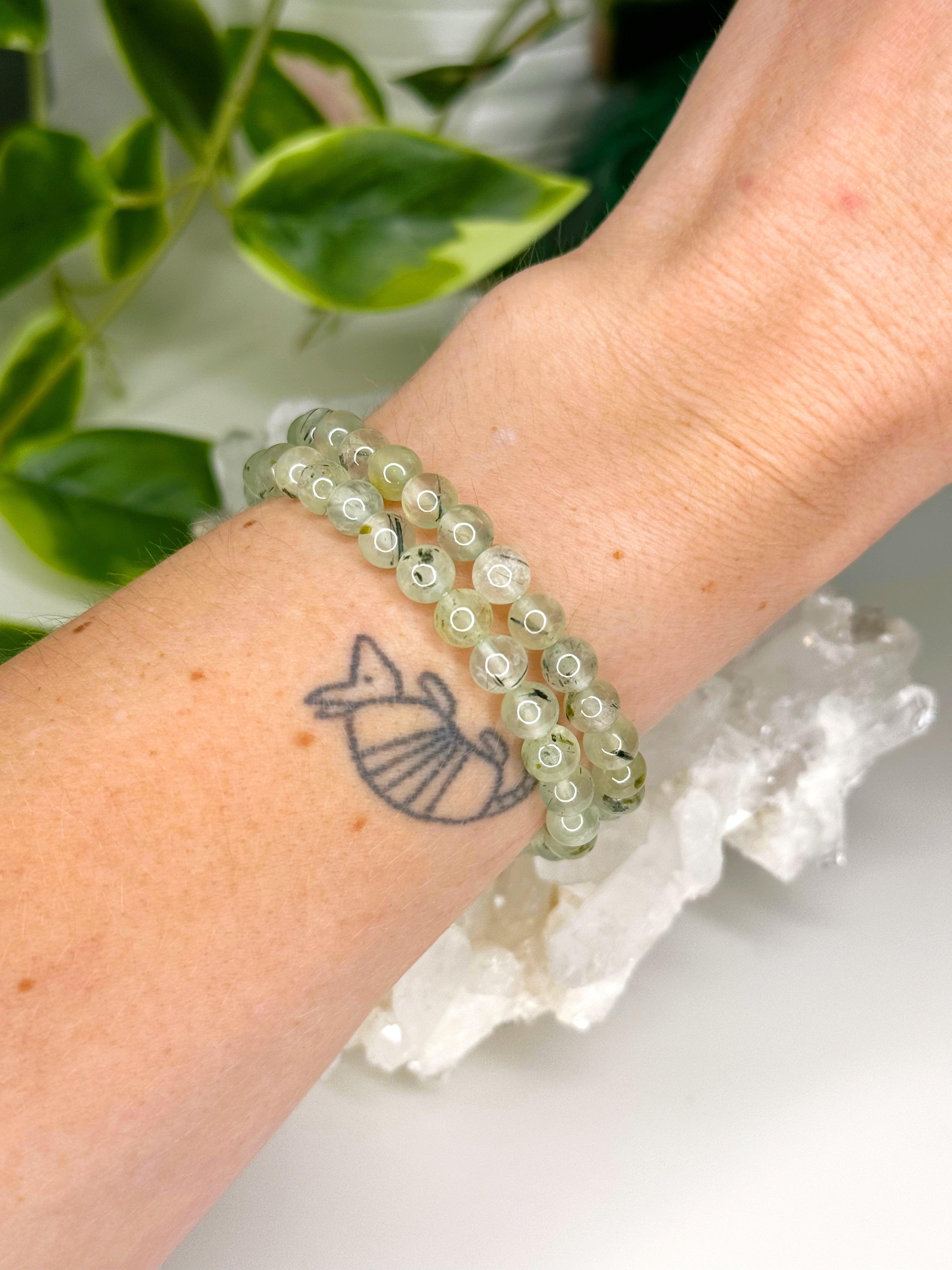 PREHNITE 6mm - HANDMADE CRYSTAL BRACELET - 6mm, august 2025 restock, bracelet, capricorn, crystal bracelet, earth, green, handmade bracelet, jewelry, libra, market bracelet, prehnite, water, Wearable - The Mineral Maven